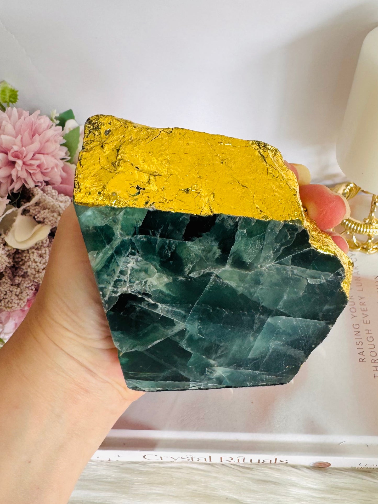 Absolutely Stunning Large Chunky 1.82KG Green Fluorite Gold Plated Book Ends