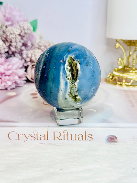 Blue Druzy Agate Sphere On Stand 308g