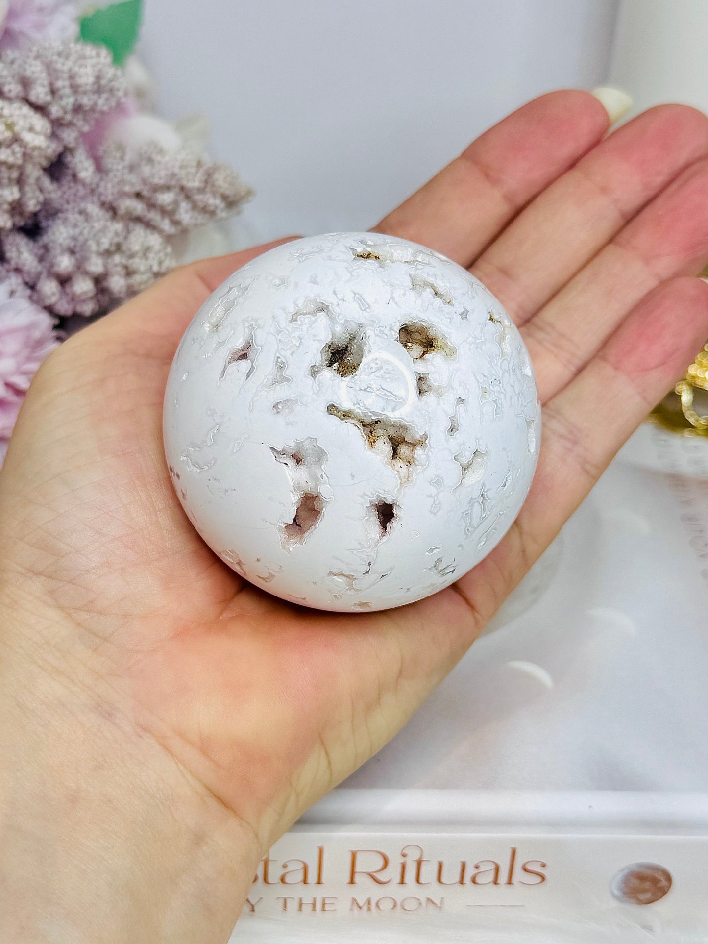 Large White Druzy Agate Sphere on Stand 297g