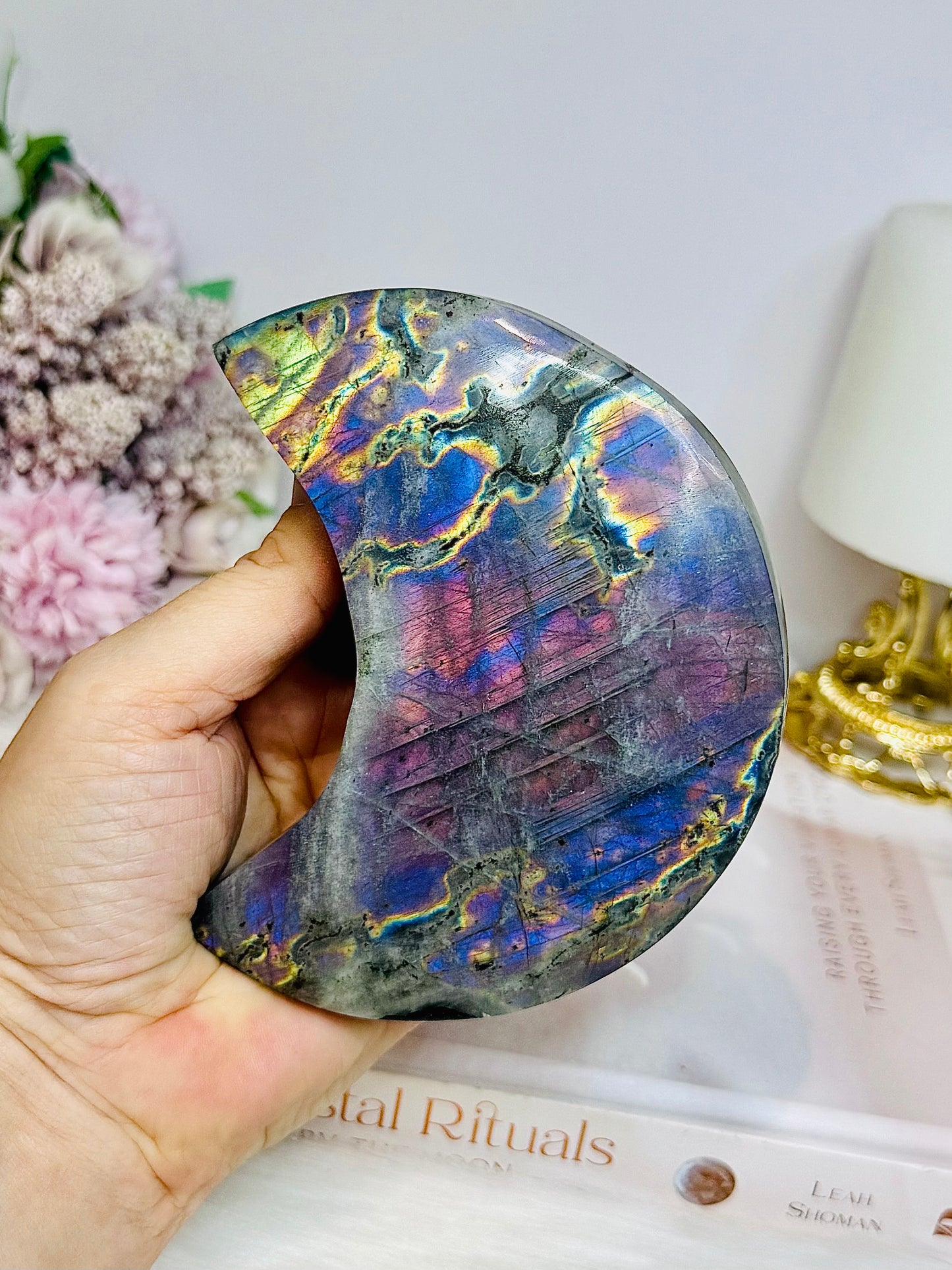 High Grade Large Labradorite Carved Moon Full of Flash 18.5cm