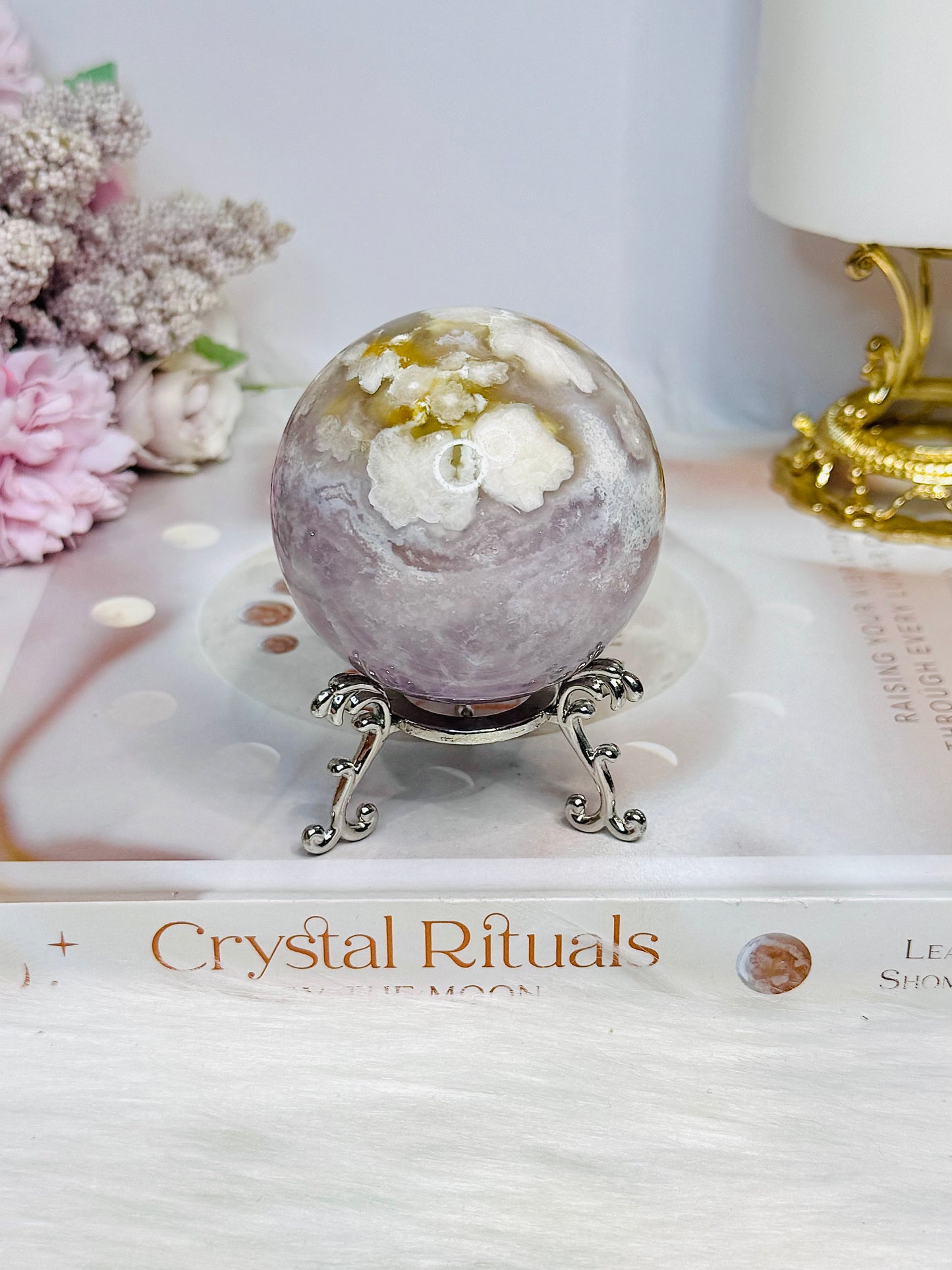 Flower Agate X Amethyst Sphere on Stand 280g
