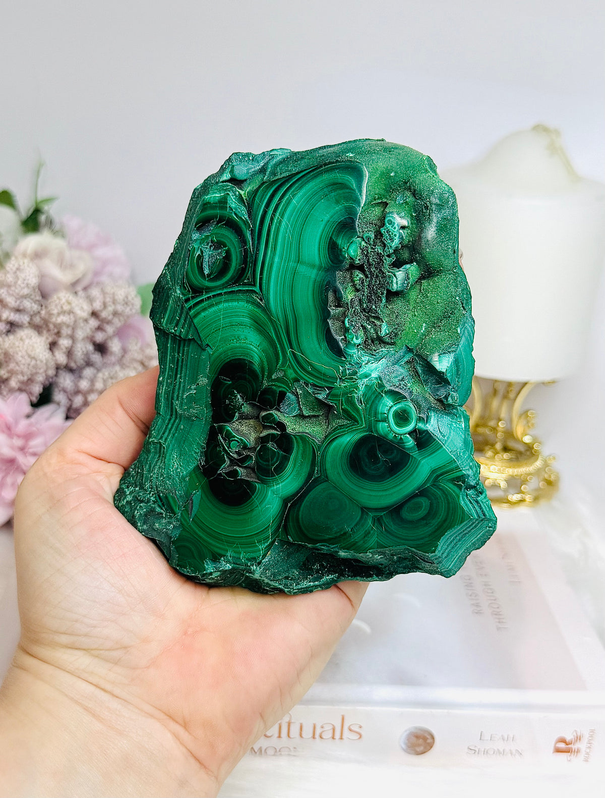 Large Thick Natural AAA Malachite Slab From Congo On Stand 12cm 489g