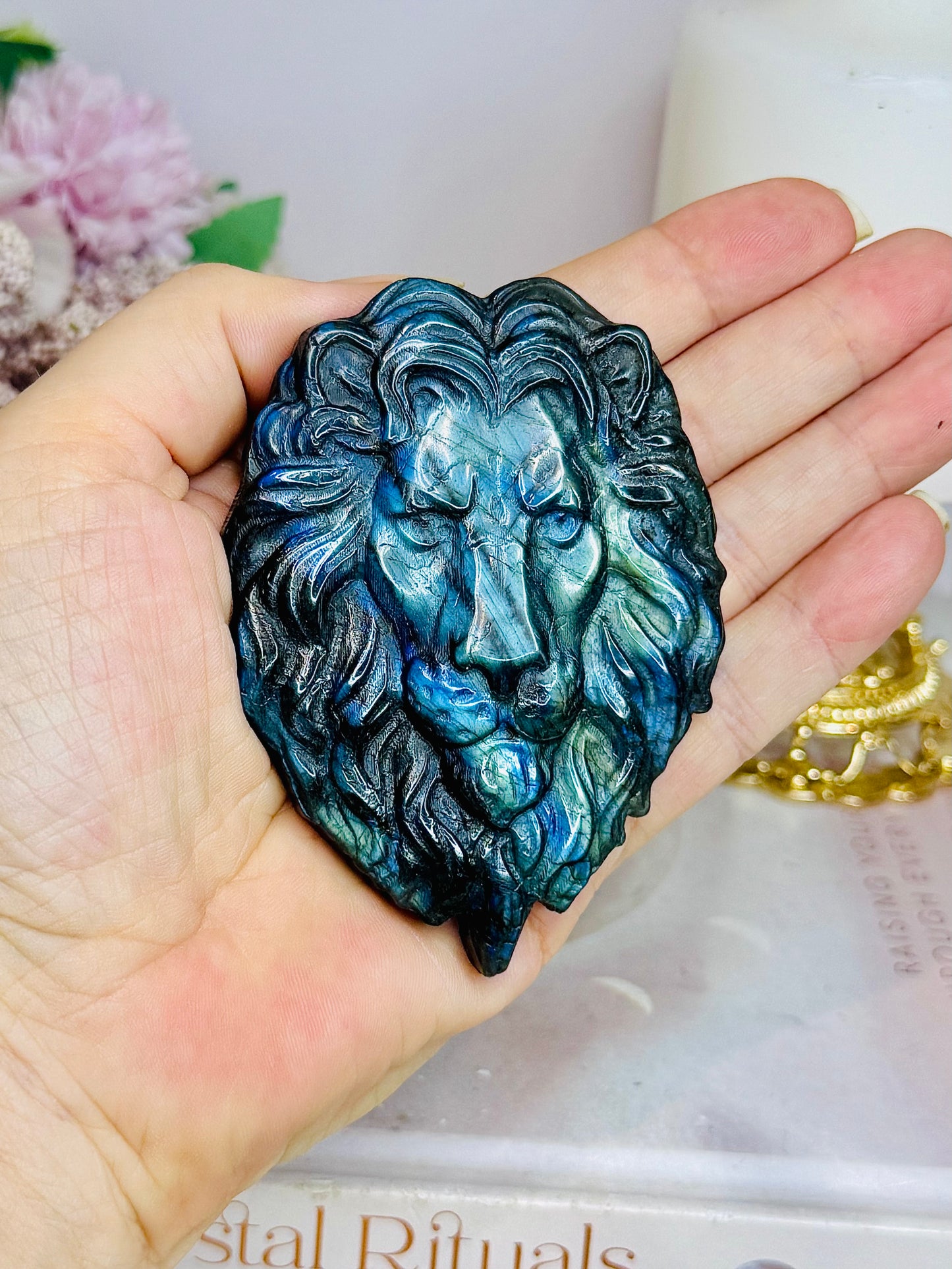 Labradorite Carved Lion Full of Blue Flash On Stand 8cm