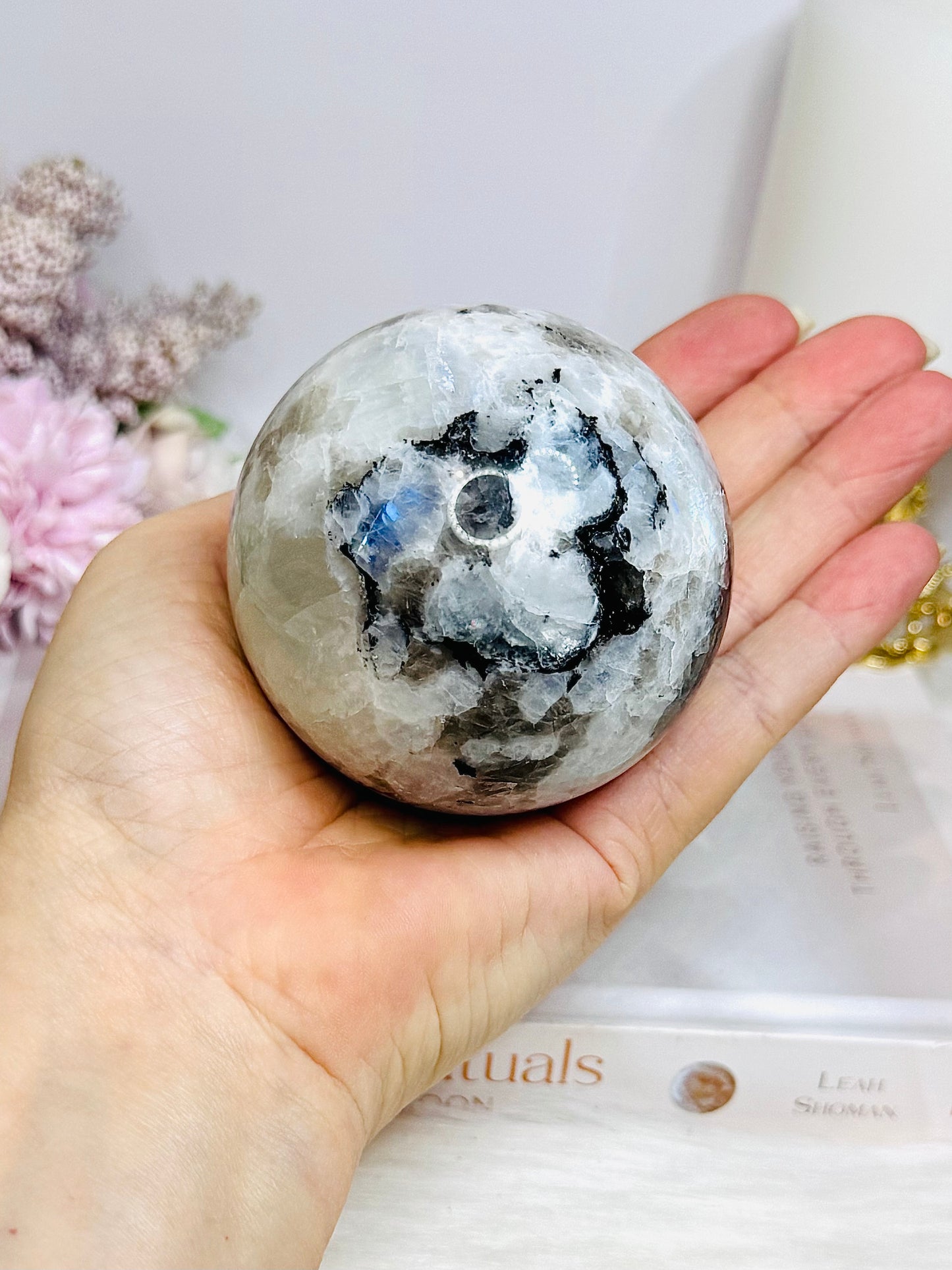 Large Rainbow Moonstone Sphere with Blue Flash 464g