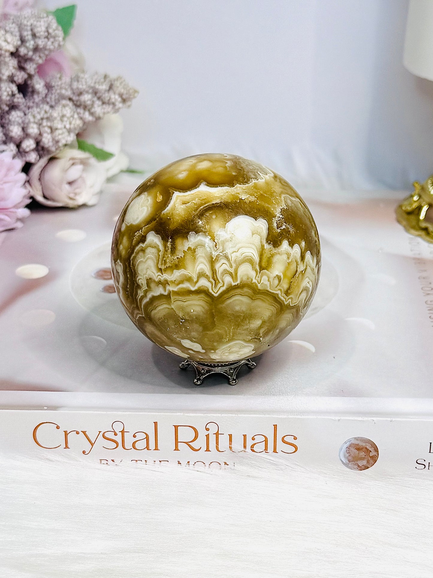 Large Amber Calcite Sphere on Stand 327g