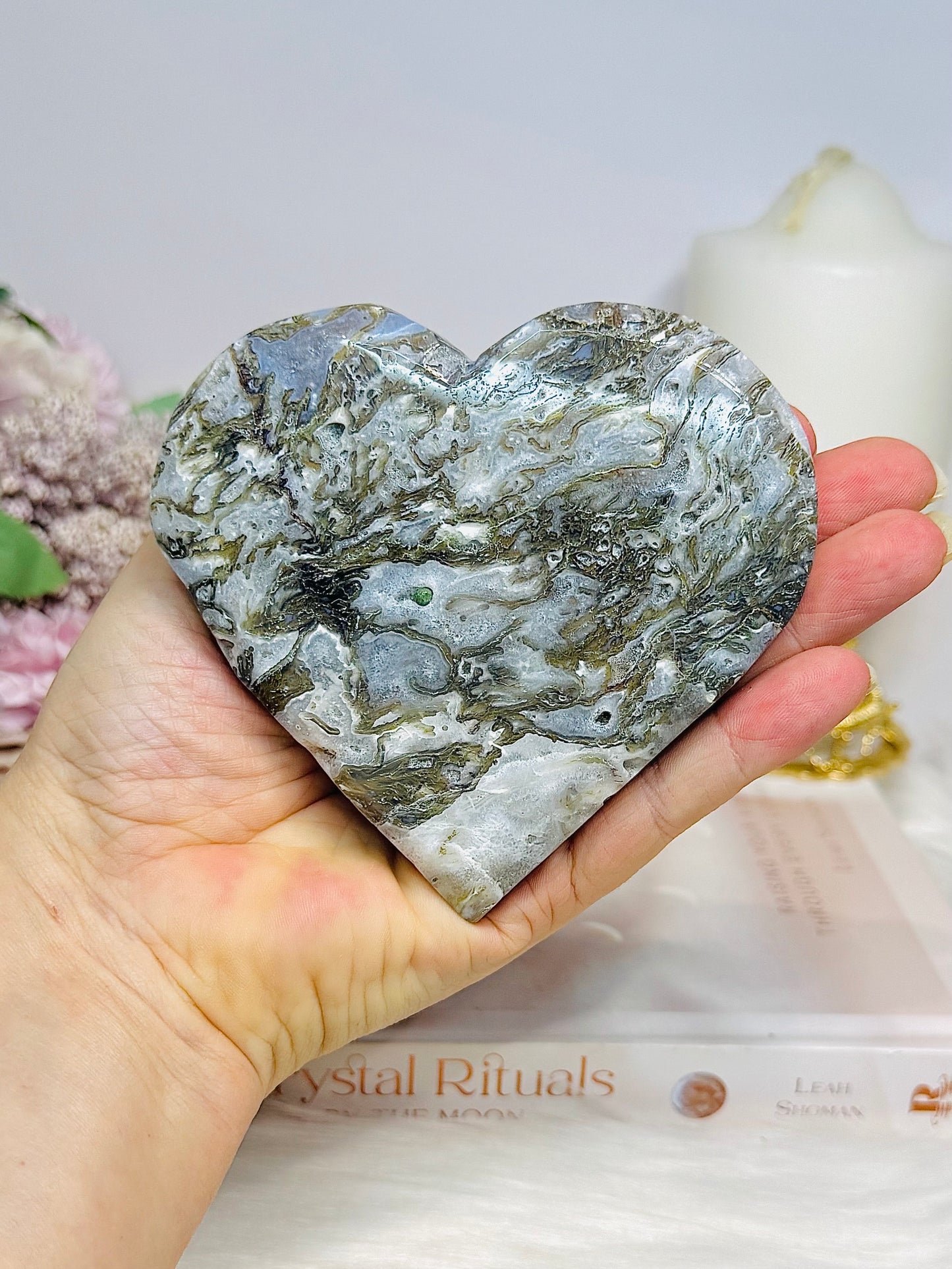 Large Moss Agate Druzy Heart On Stand 9.5cm