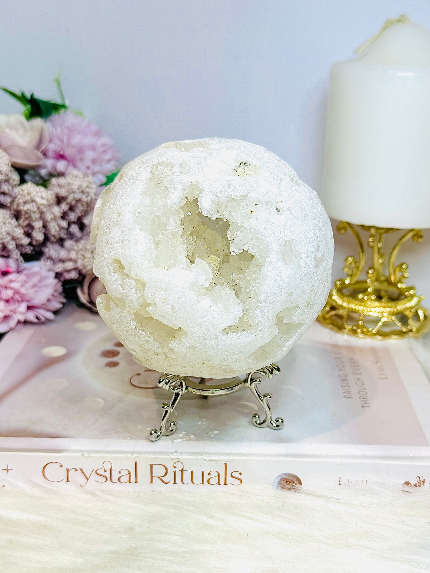 Large Moroccan Quartz Geode Druzy Sphere On Stand 734g