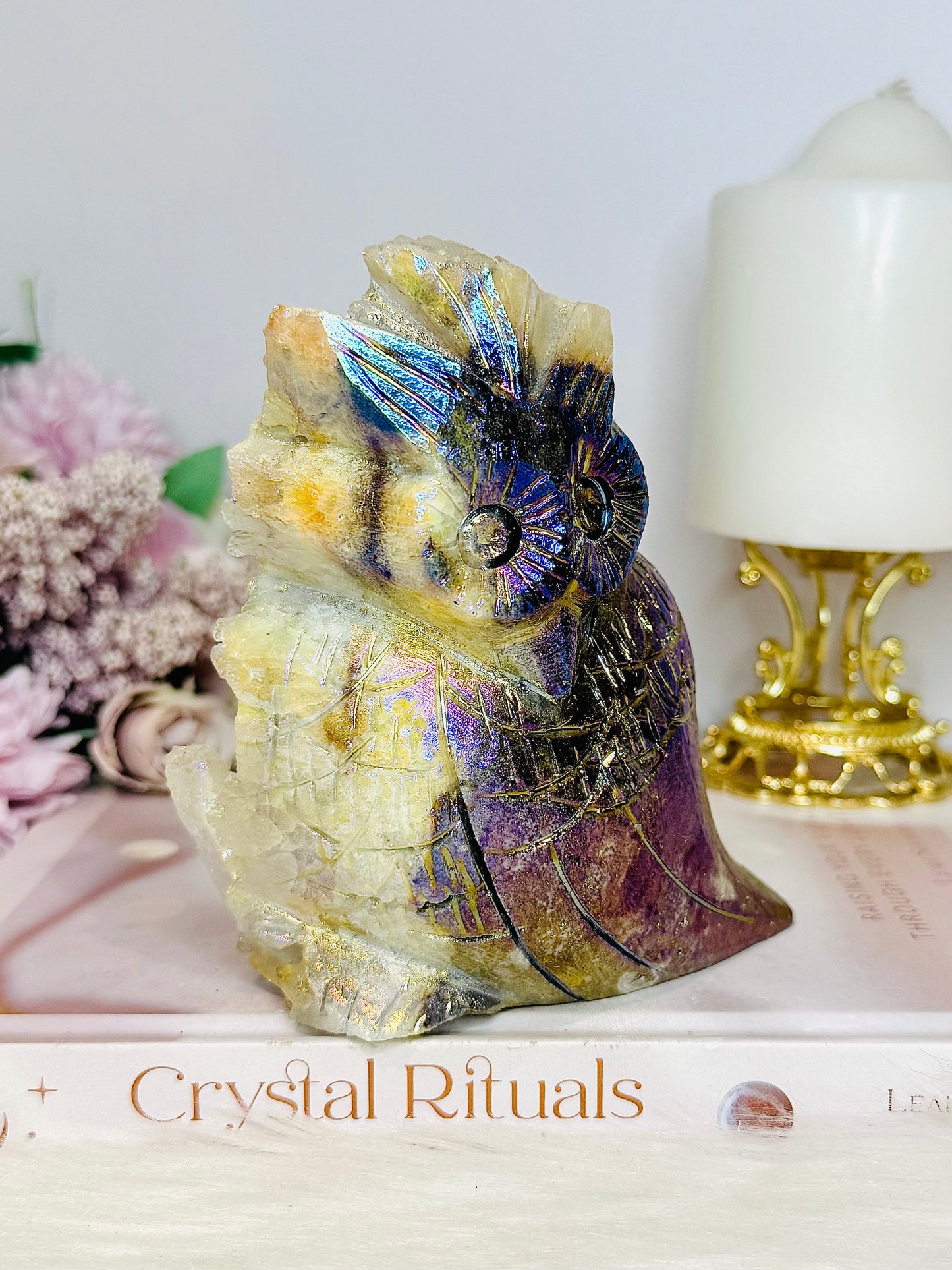 Large 683gram Aura Quartz Owl ~ See Back For Amazing Cluster Detail