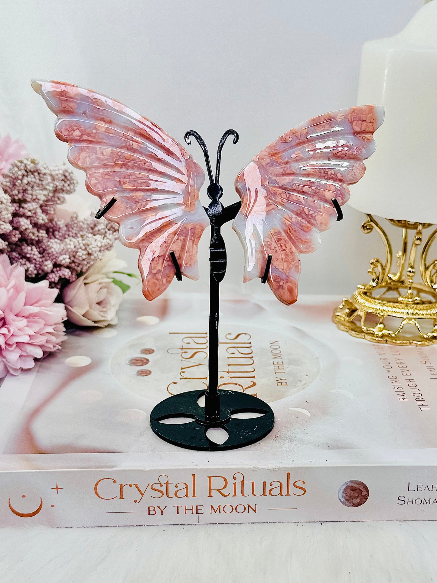 Beautiful 13cm Pink Agate Butterfly Wings On Black Stand