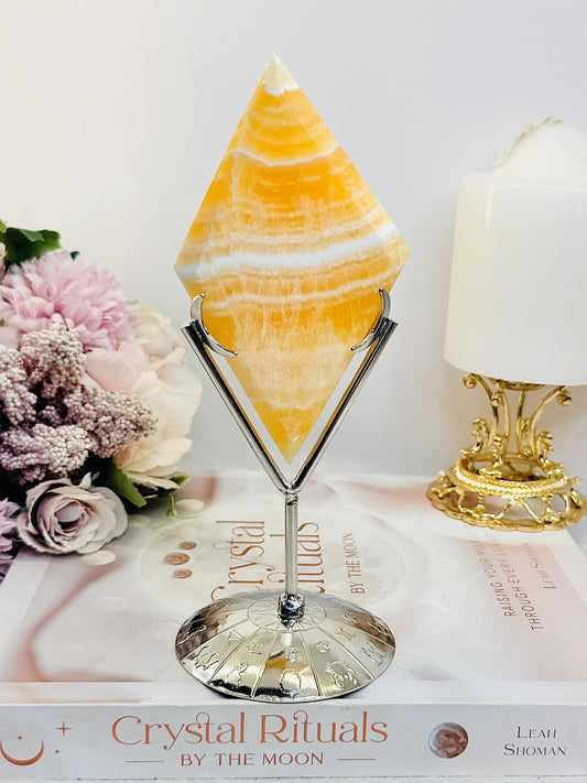 Gorgeous Tall 18cm Orange Calcite Carved Diamond On Silver Stand