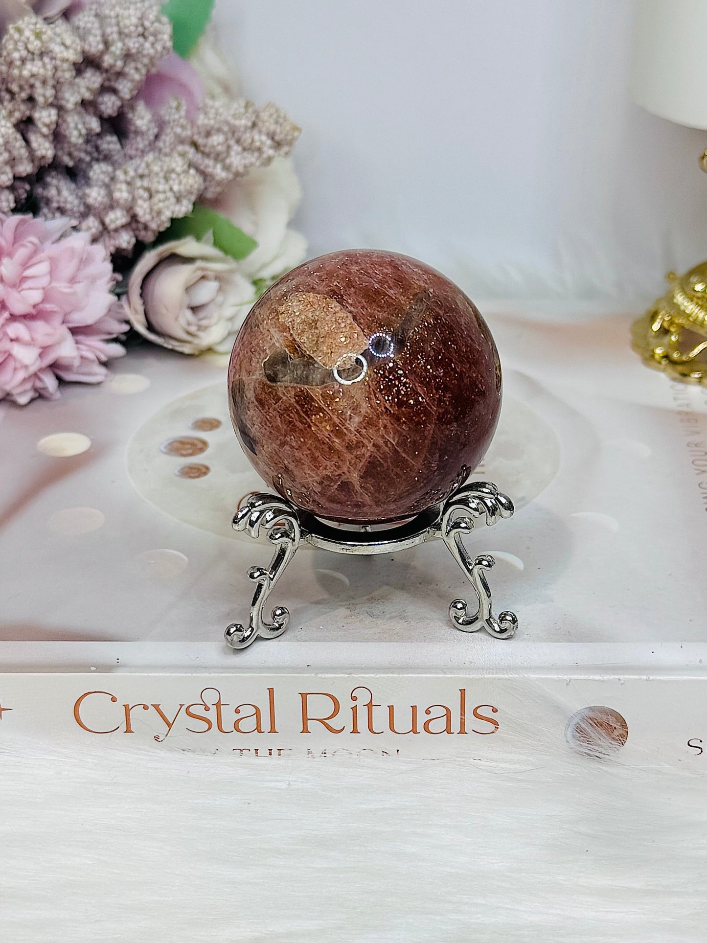 High Grade Sparkling Gold Sunstone X Moonstone Sphere on Stand 161g