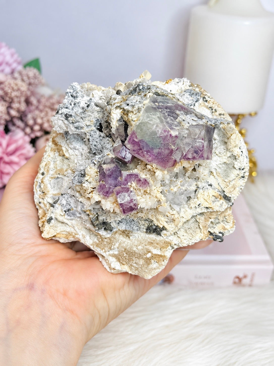 ✨ A Collectors Piece ✨ Natural Cubed Fluorite In Matrix On Glass Stand 703grams