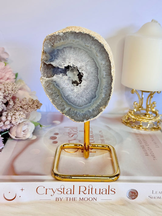 Beautiful Large Chunky 644gram Natural Druzy Agate Geode On Gold Stand