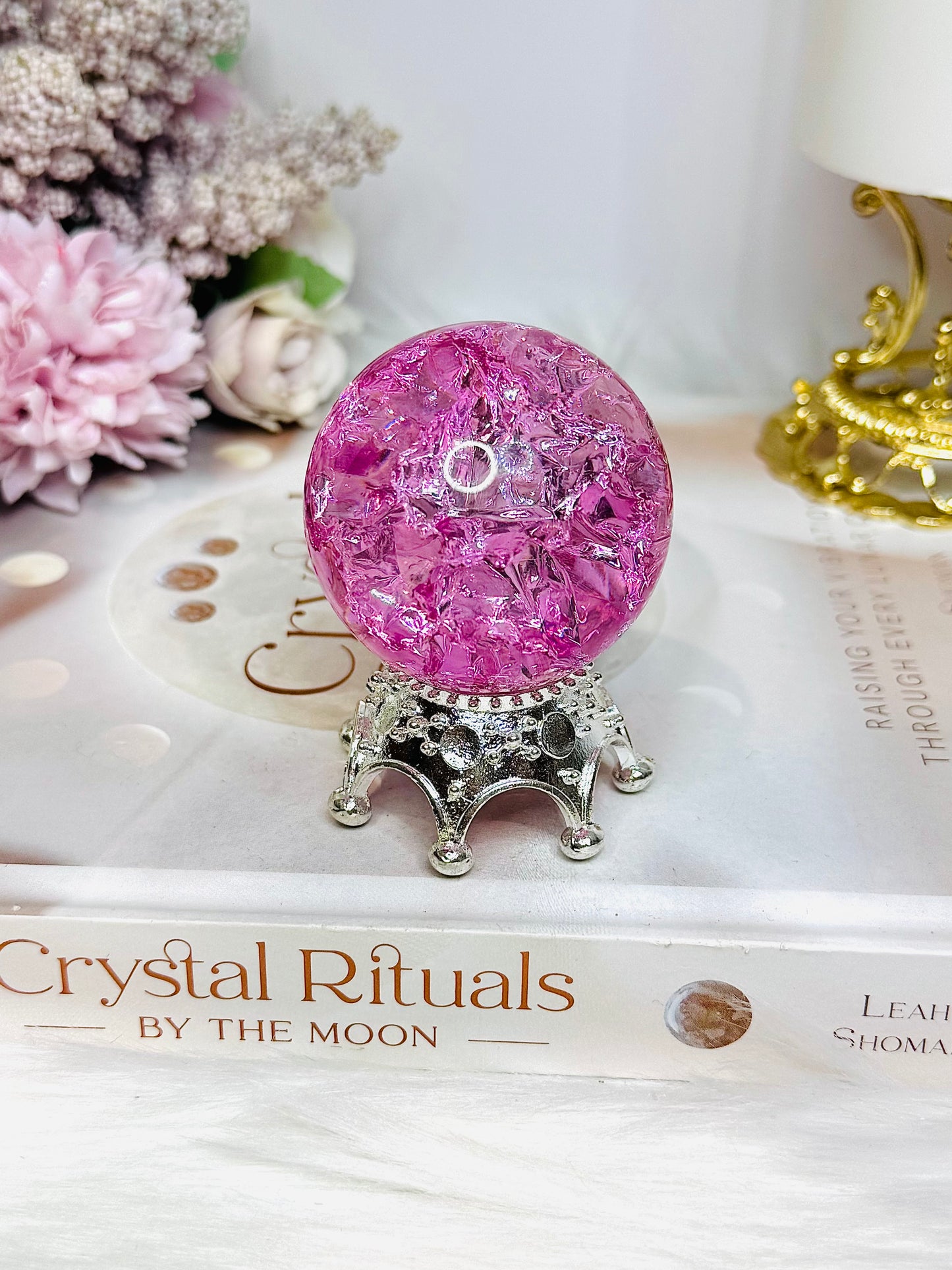 Pink Fire & Ice Crackle Quartz Sphere (dyed) On Stand 157g