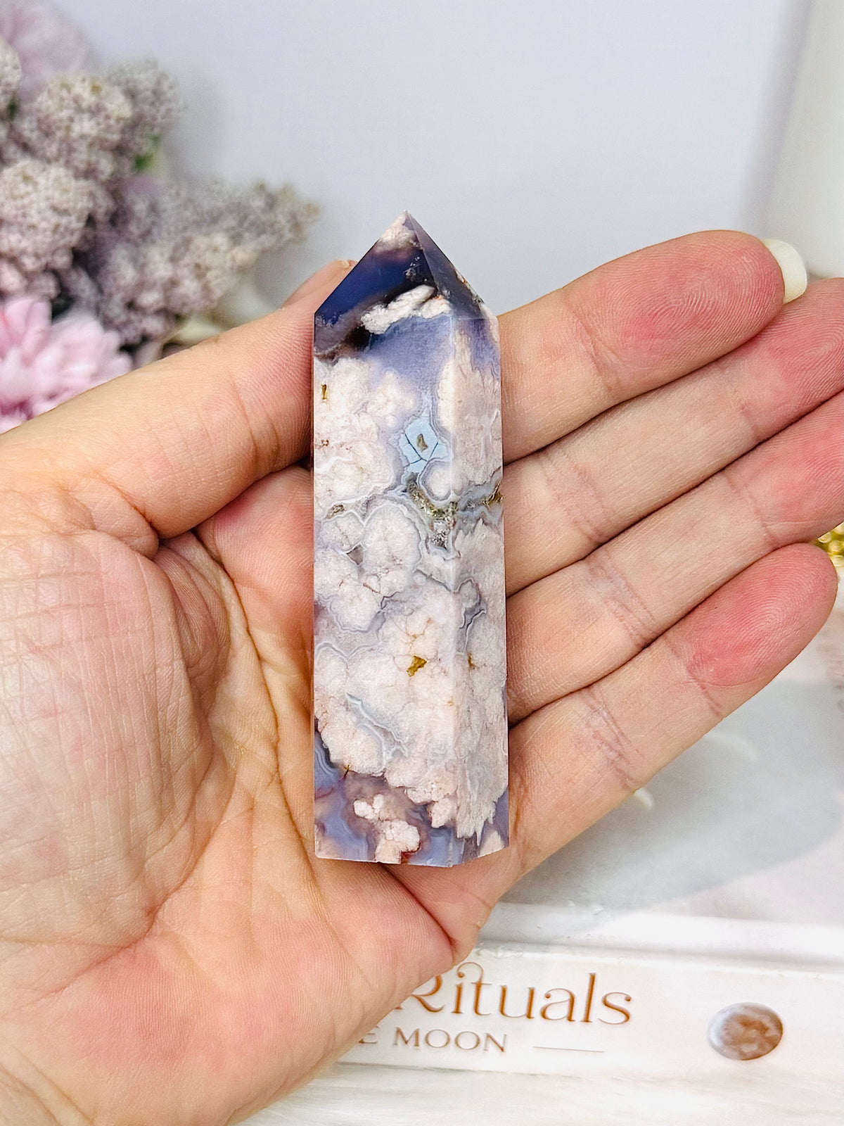 High Grade Blue Flower Agate Tower 8cm