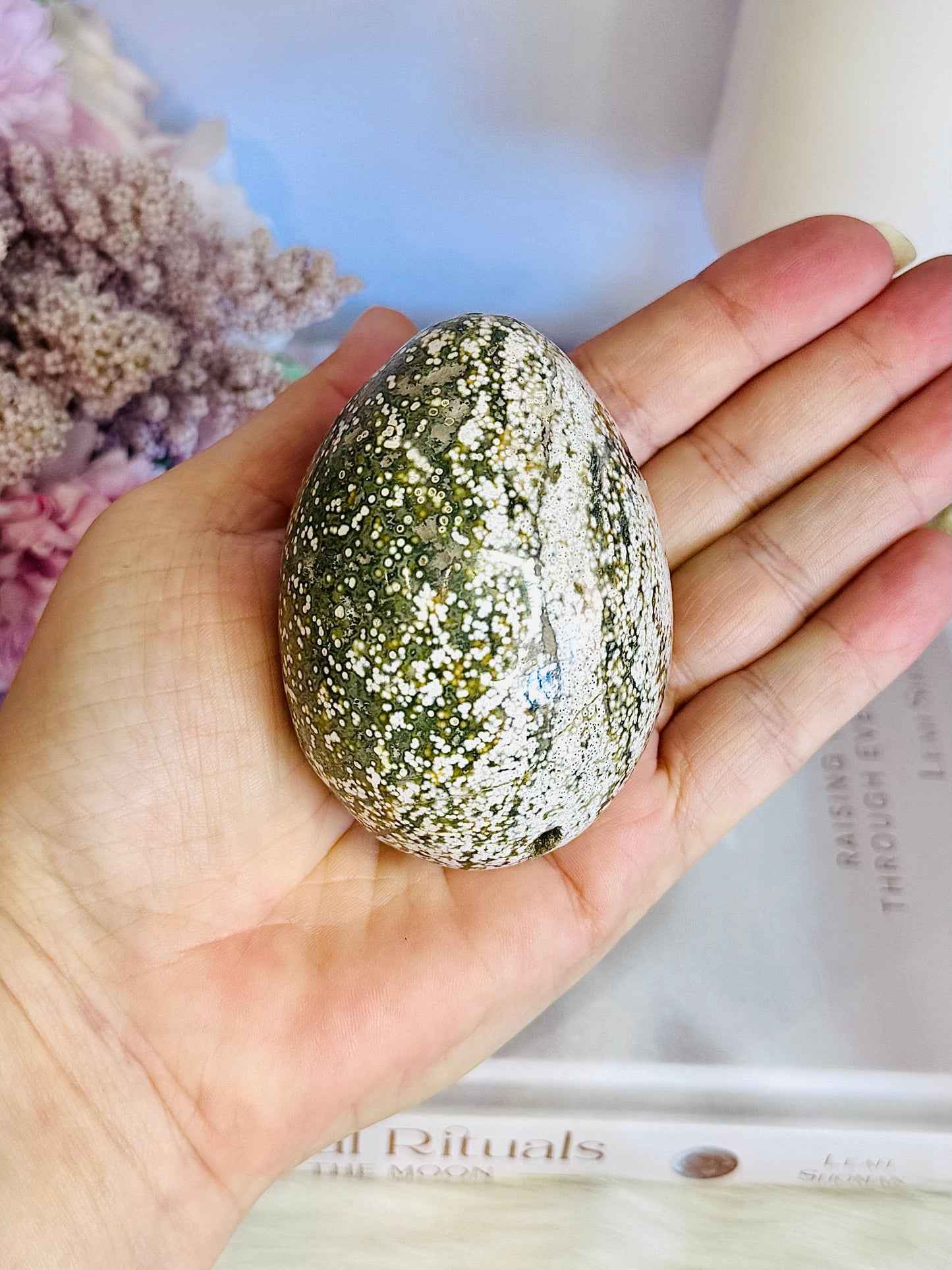 Beautiful Orbicular Ocean Jasper Egg 7.5cm On Stand