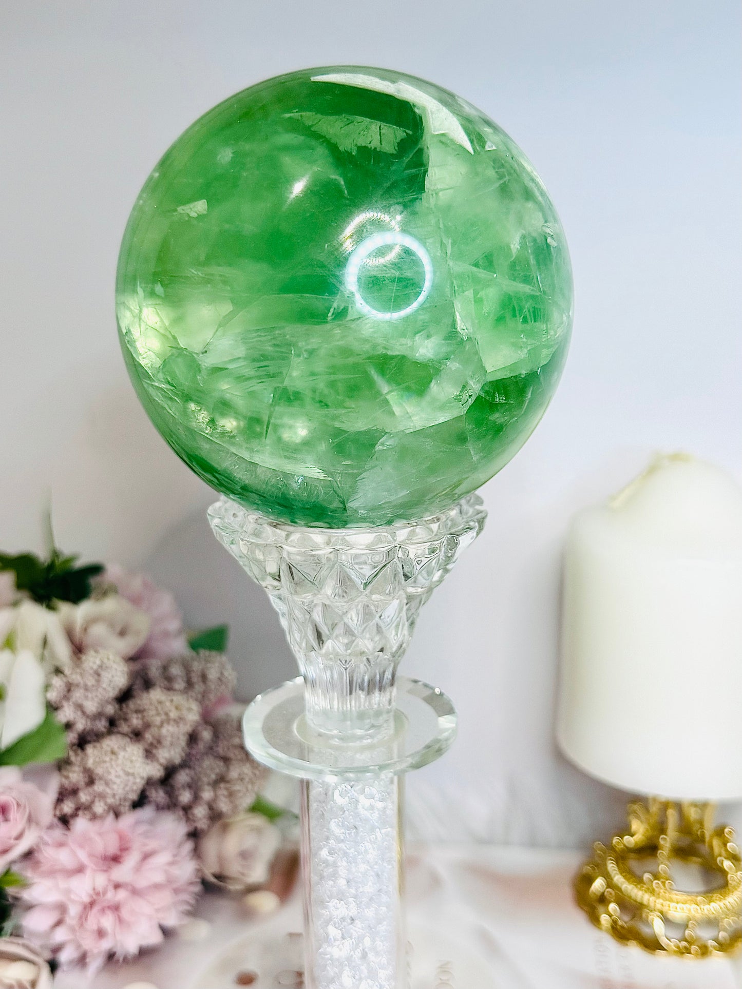 Huge Green Fluorite Sphere with Rainbows On Tall Glass Stand 1.4KG (stand can be changed)