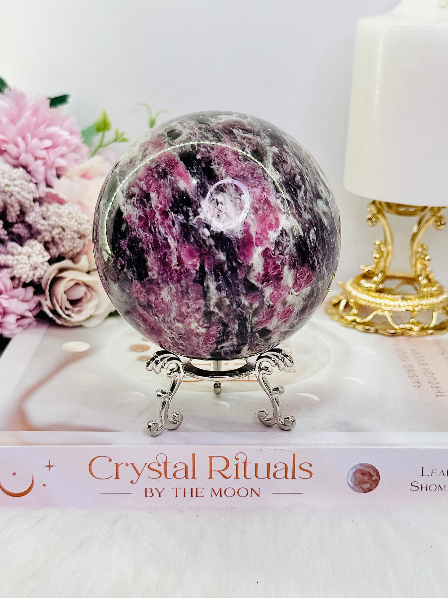 Large High Grade 624gram Pink Tourmaline Sphere On Stand