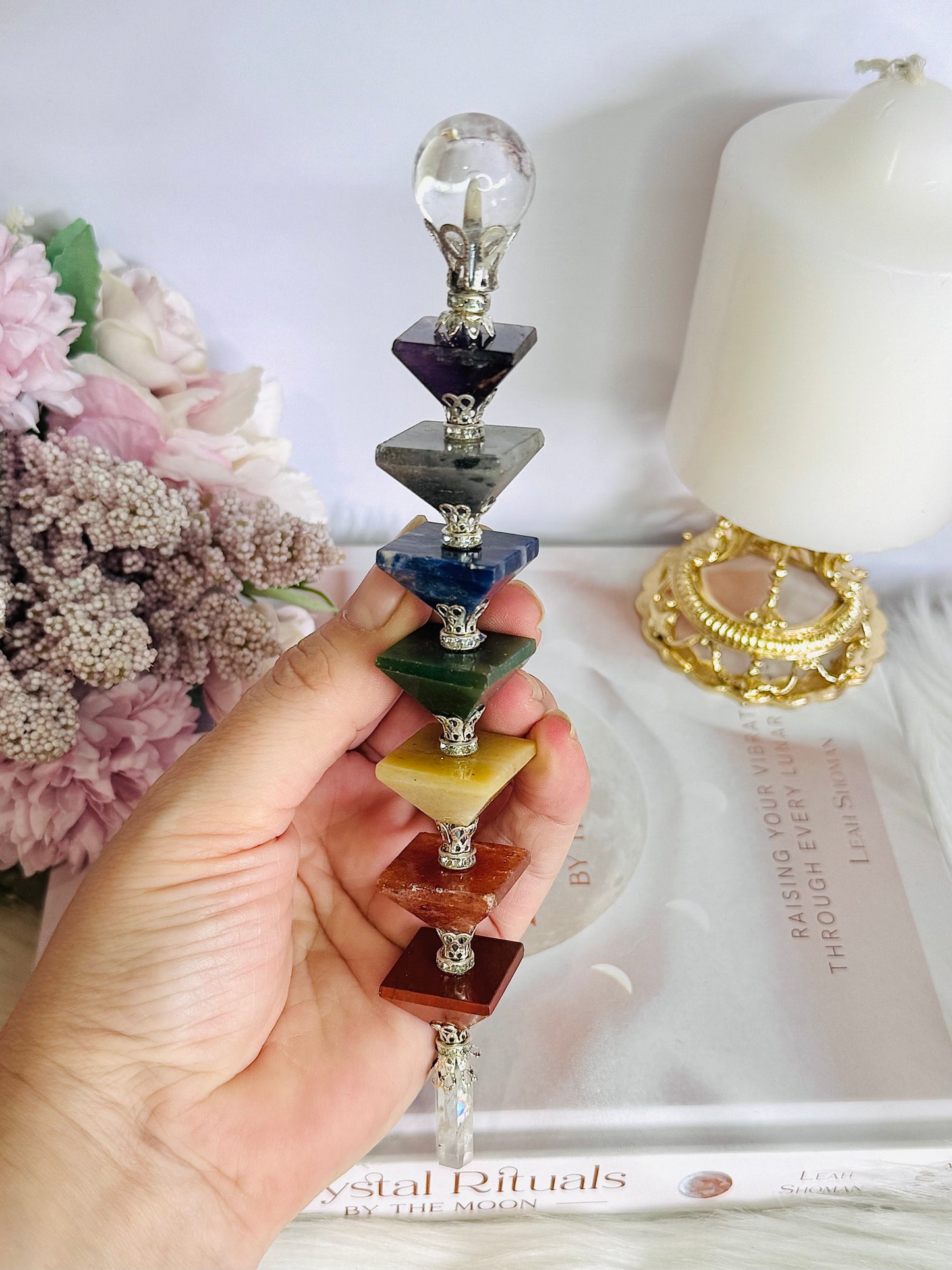 Magical 7 Chakra Crystal Wand with Clear Quartz Point 20cm