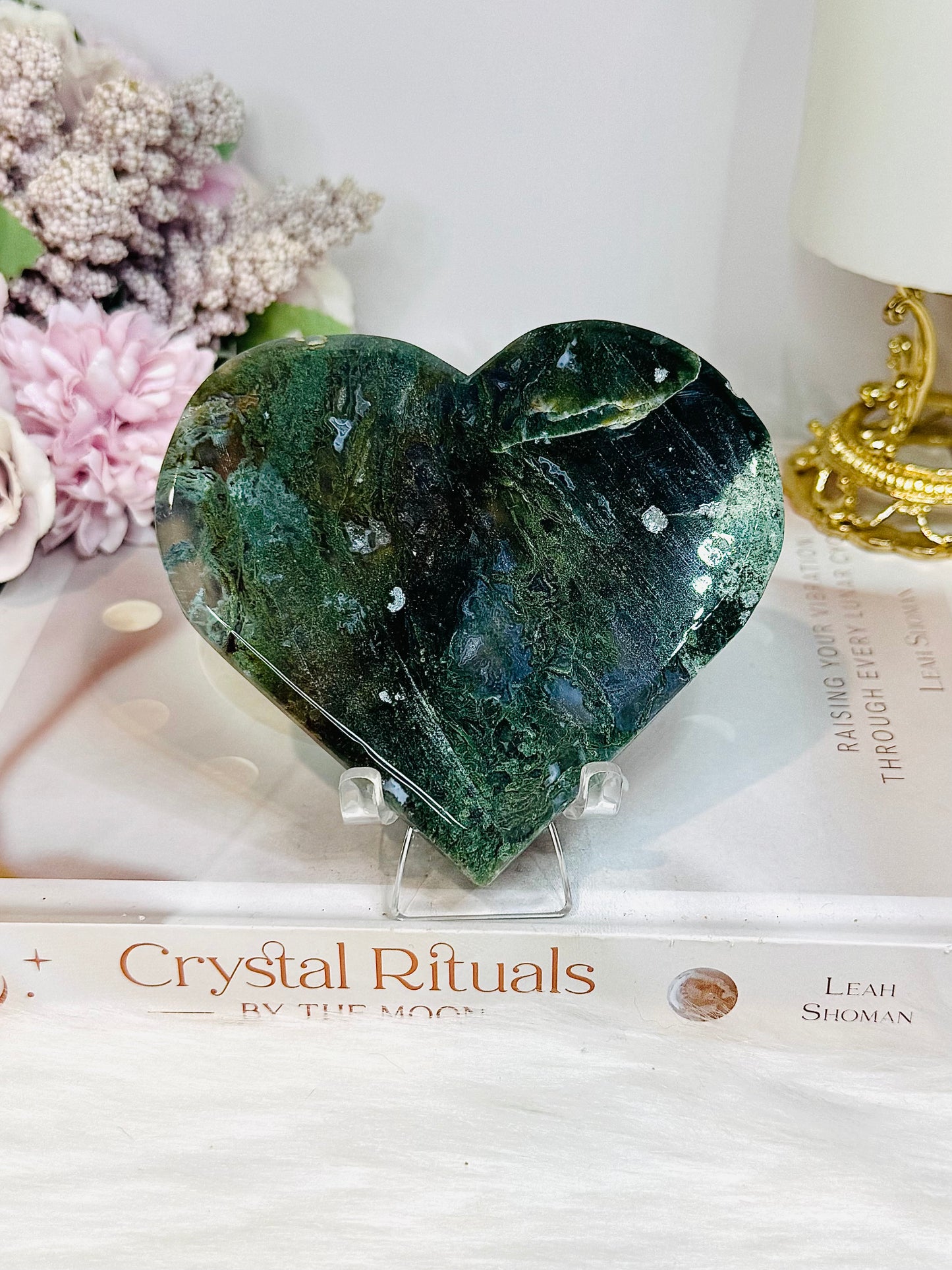 Large Moss Agate Heart on Stand 10cm