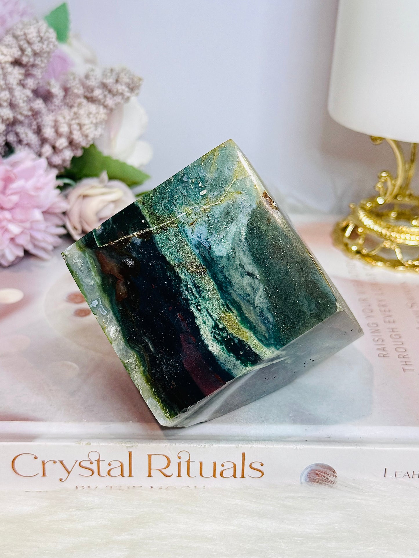 Large Ocean Jasper Carved Cube 611g