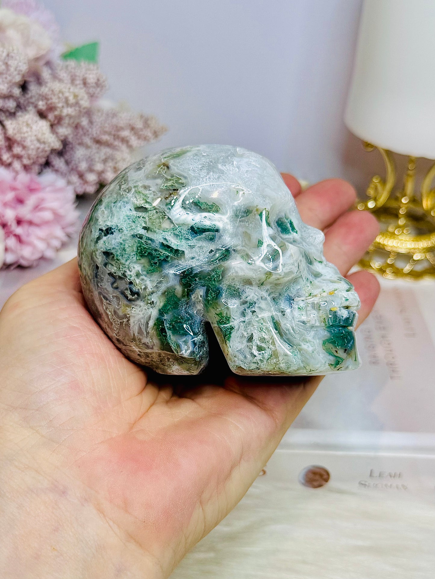 Large Moss Agate Carved Skull 9cm 452g