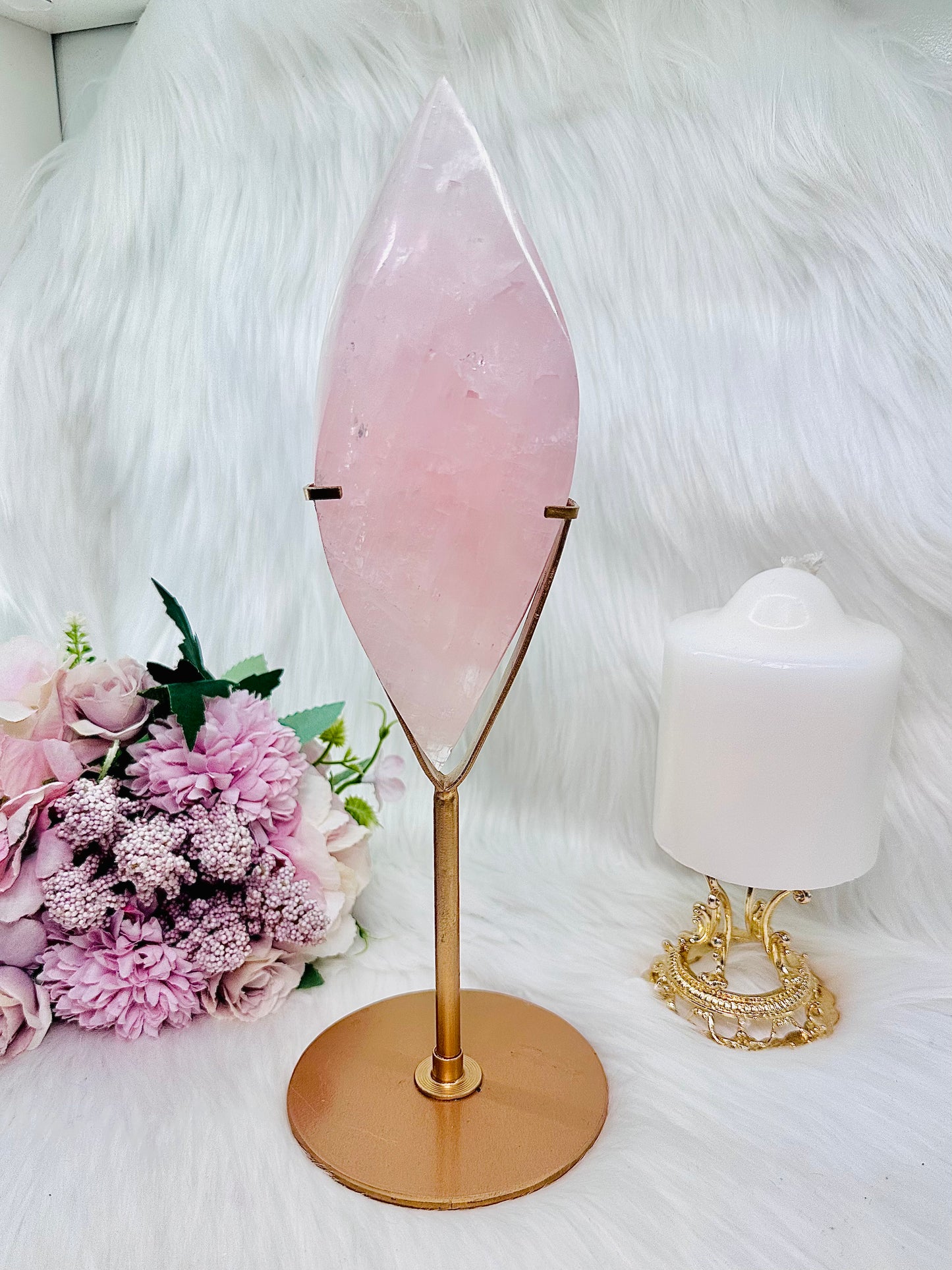 Classy & Absolutely Fabulous Large 28cm Rose Quartz Perfectly Carved Flame with Rainbows On Gold Stand 964grams ~ A Truly Stunning Piece