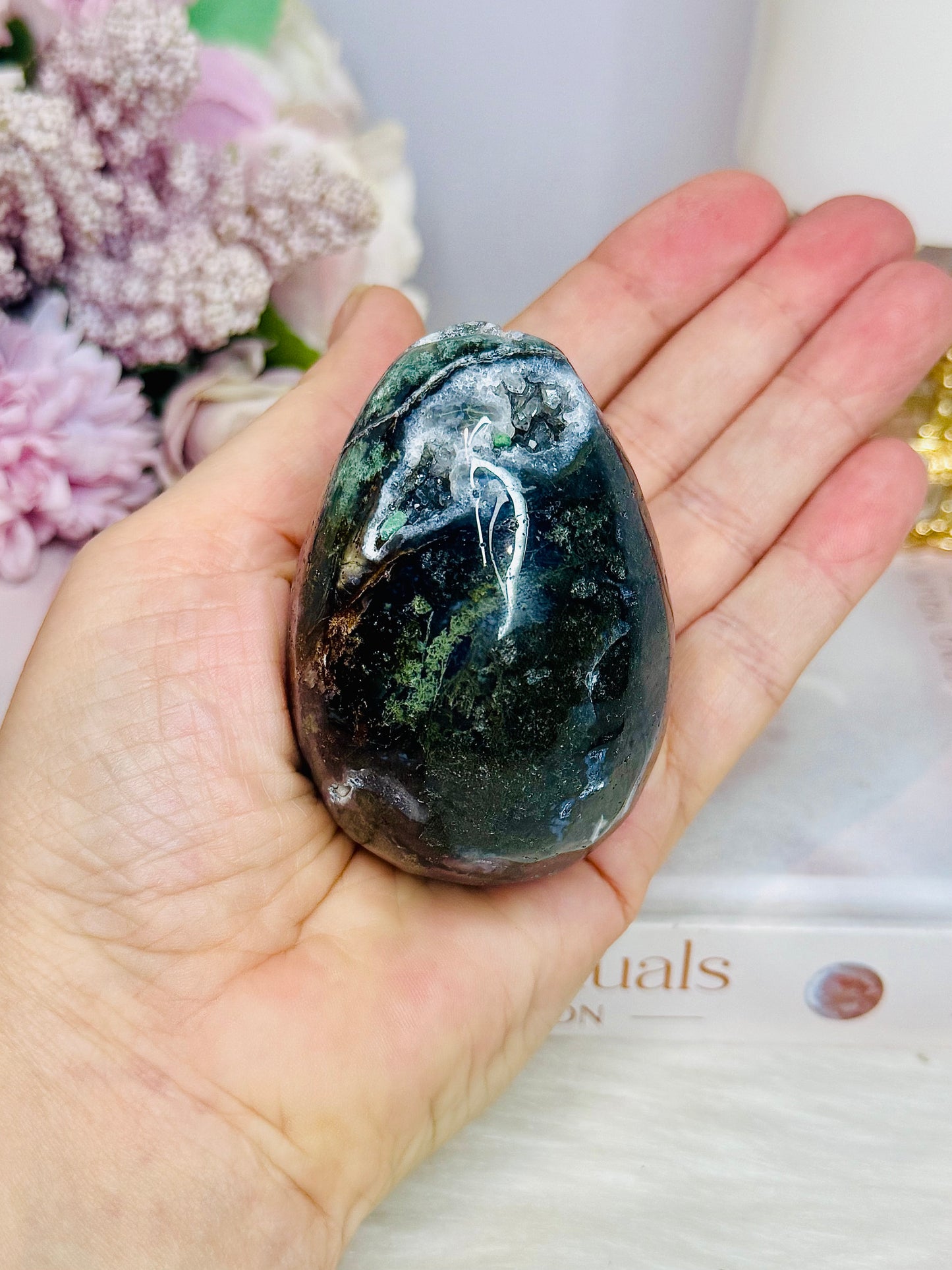 Moss Agate Druzy Egg On Stand 205g