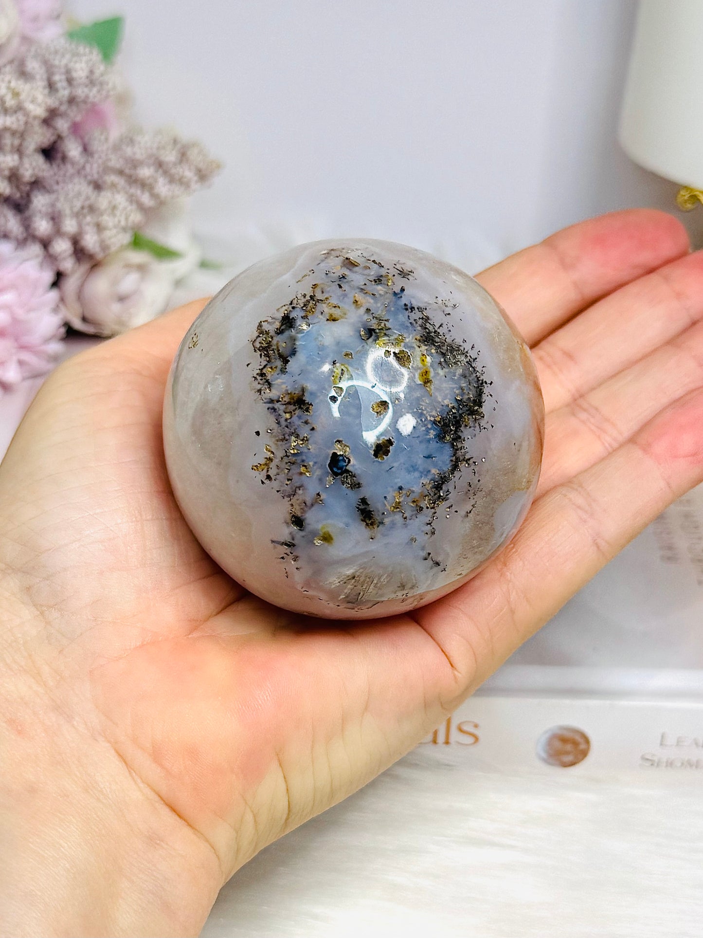 Natural Dentrictic Agate Druzy Sphere On Stand 333g