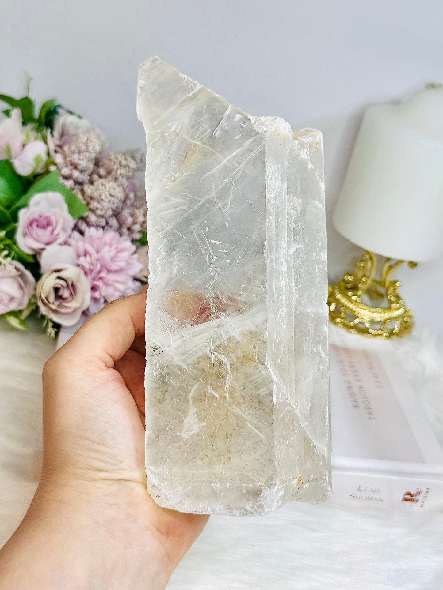 Large Natural Selenite On Timber Stand 21cm 1.1KG