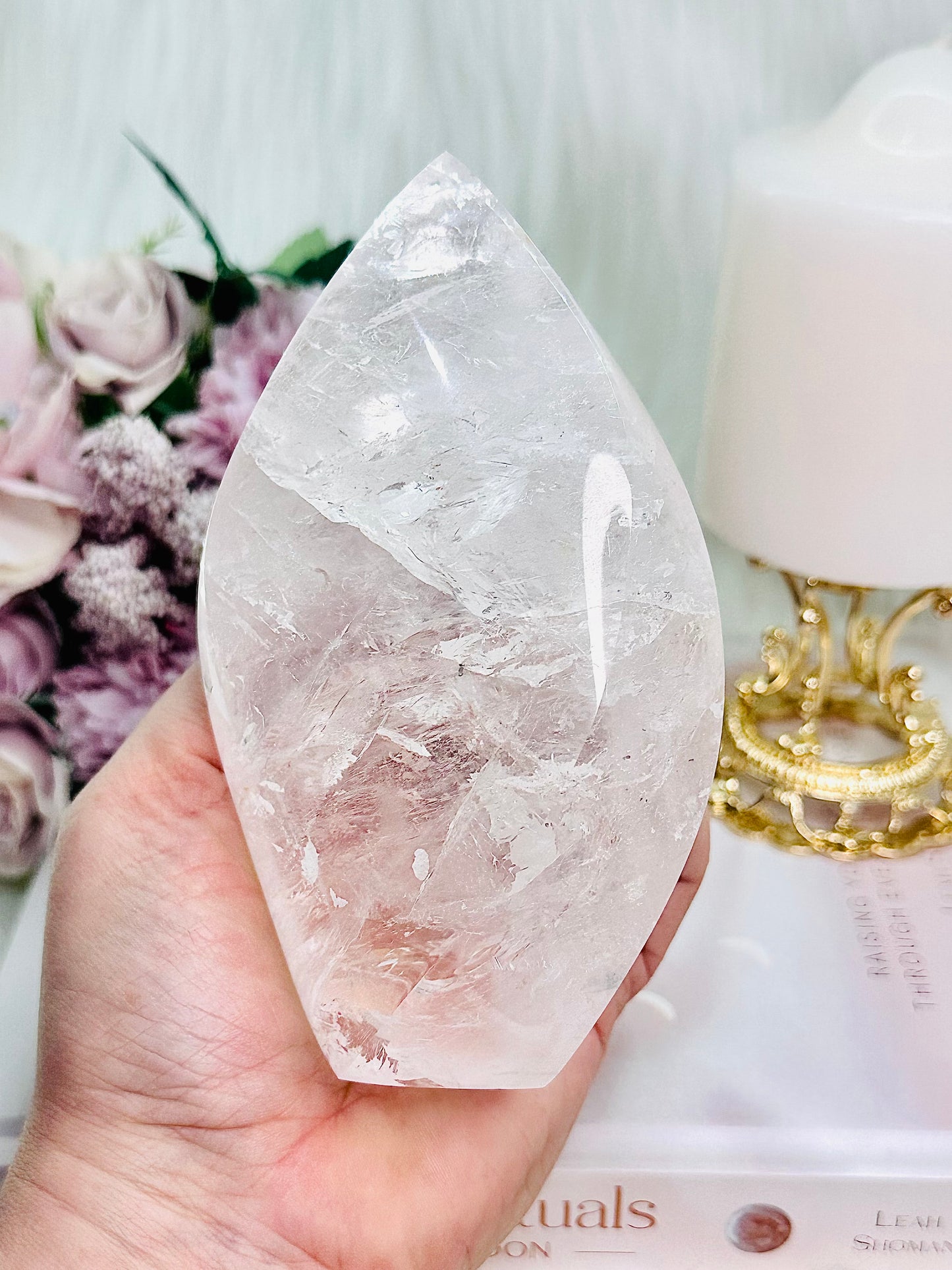 The Most Absolutely Stunning High Grade Large Clear Quartz Carved Flame | Freeform with Rainbows From Brazil 677grams