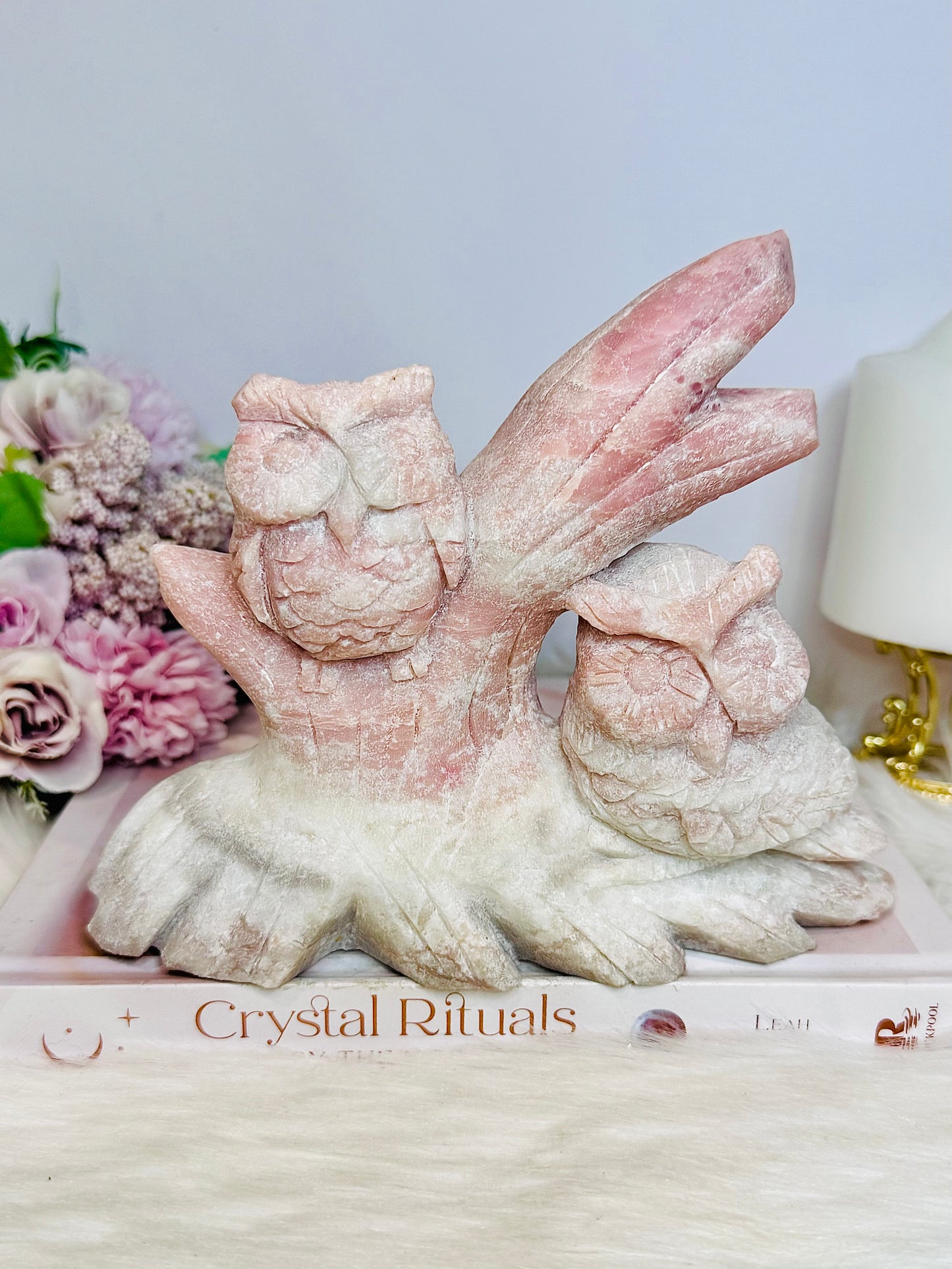 ✨ SALE ✨ Incredibly Carved Huge Pink Opal Owls 17.5cm 1.36KG