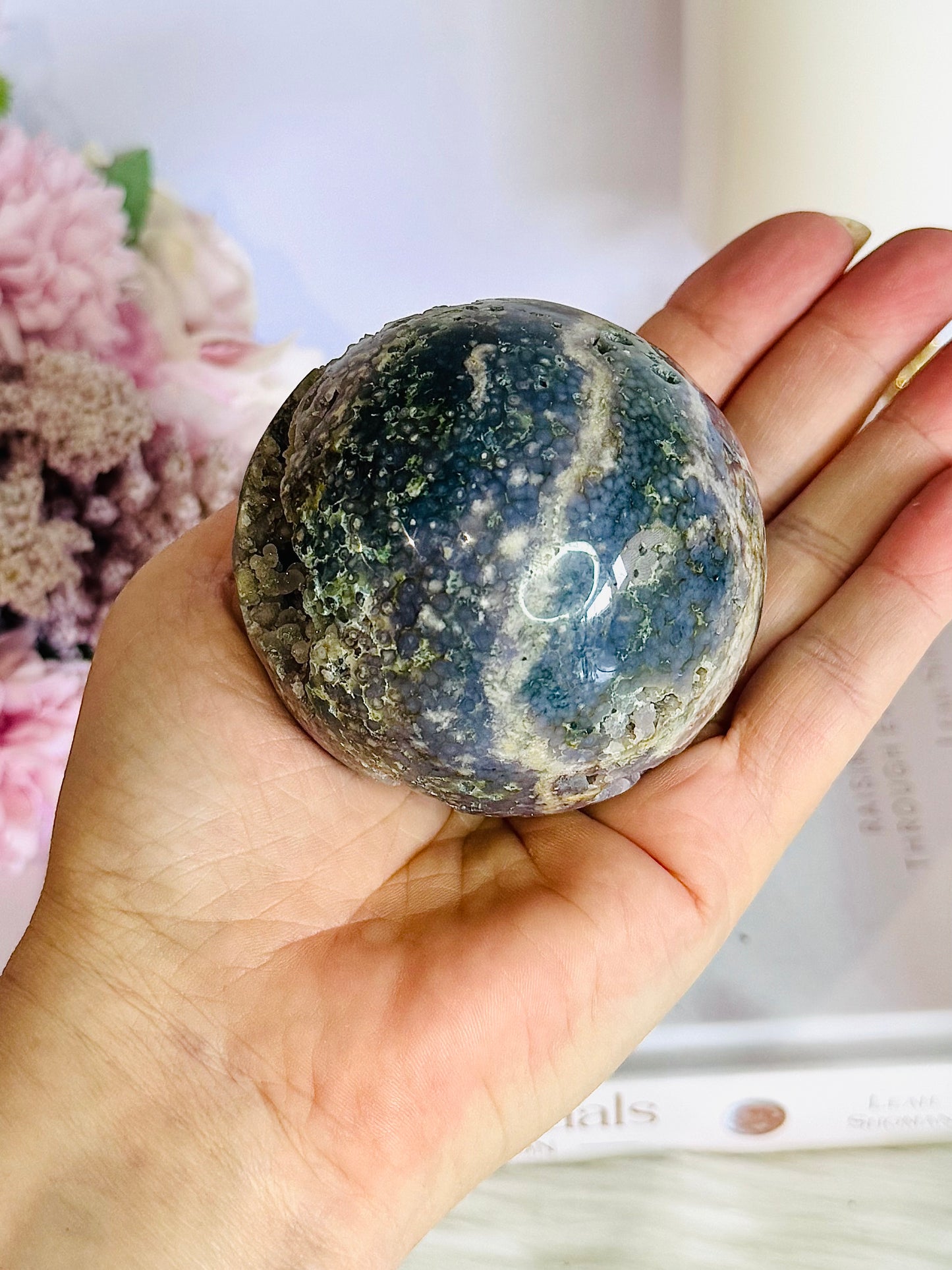 Gorgeous Natural Large Grape Agate Sphere 314grams On Stand