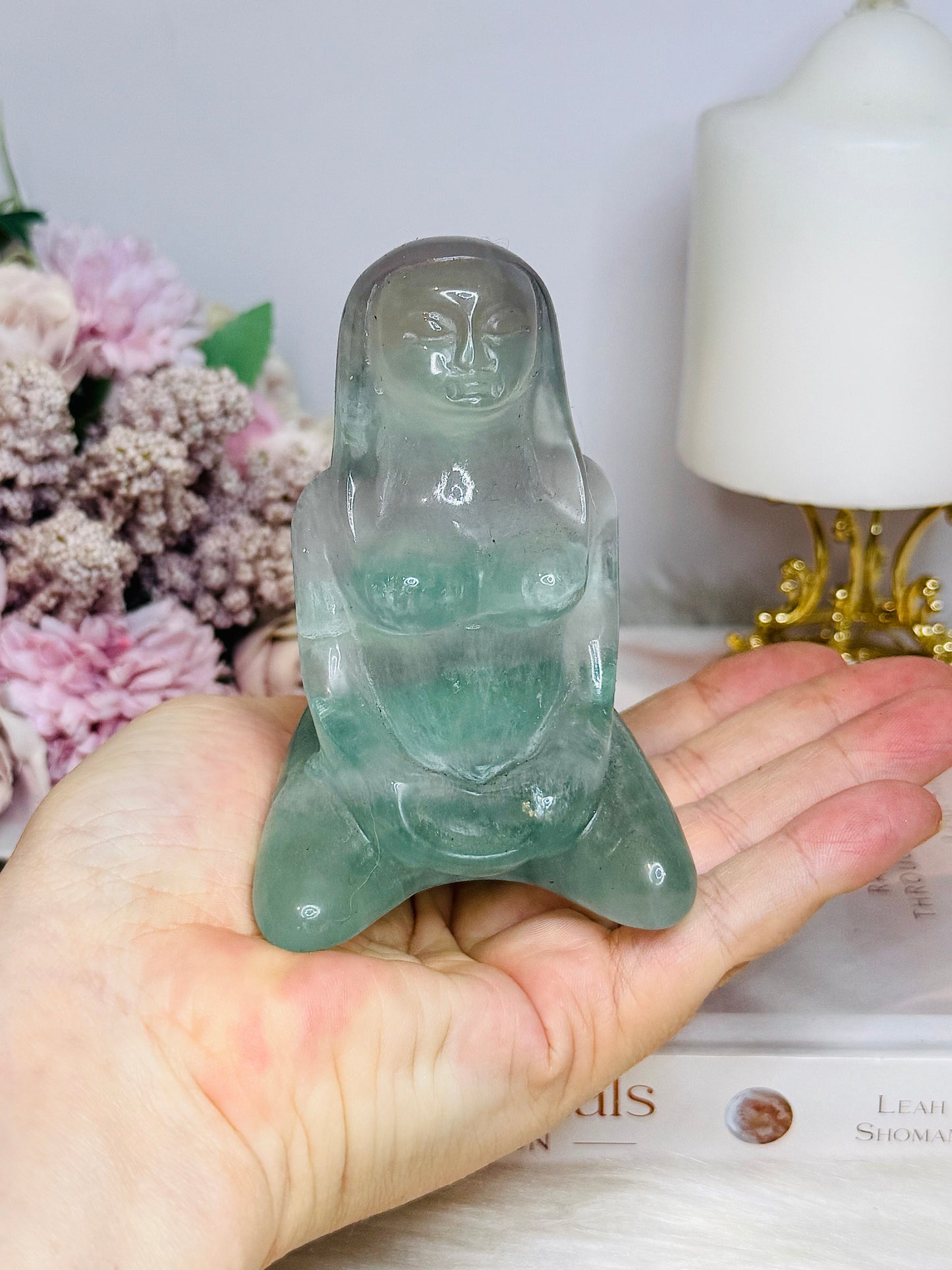 Large Mother Earth Fluorite Carving (chip on back foot) 10cm 396g