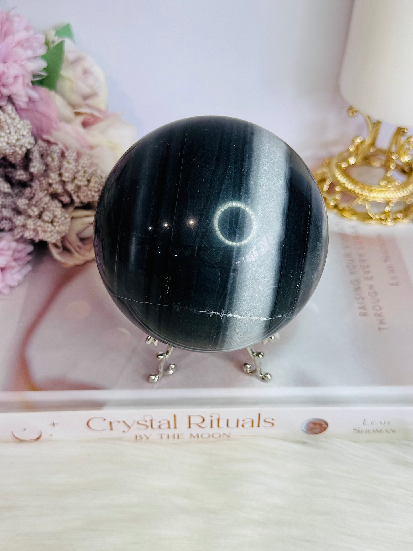 Natural Large Tai Chi Stone (White Quartz & Black Jasper) Sphere On Stand 895grams