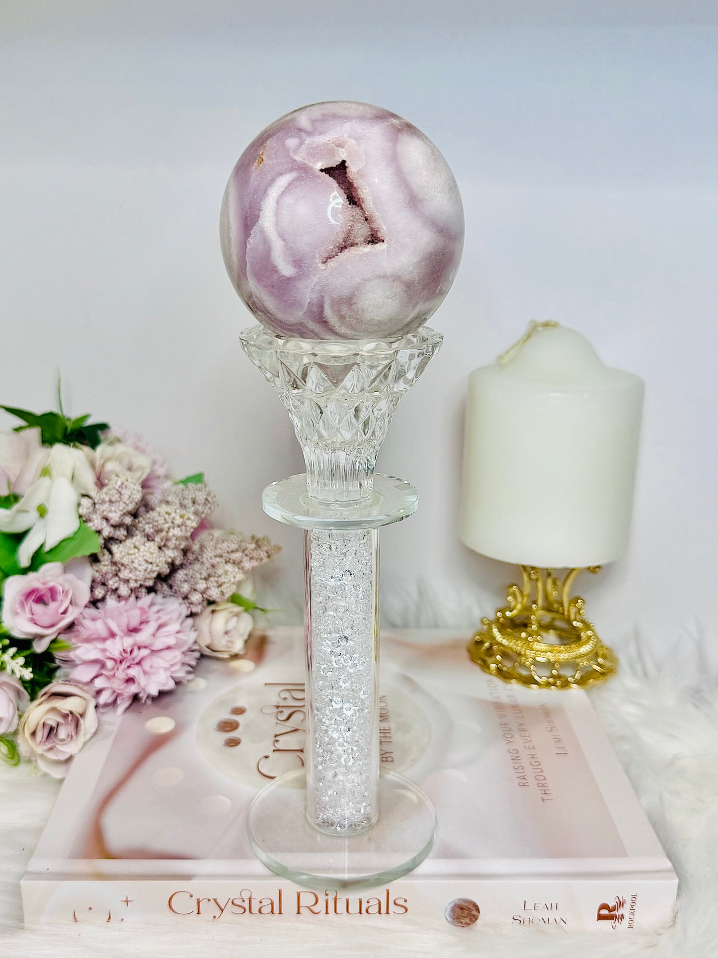 Large Pink Amethyst Druzy Sphere on Glass Stand (stand can be changed) 471g