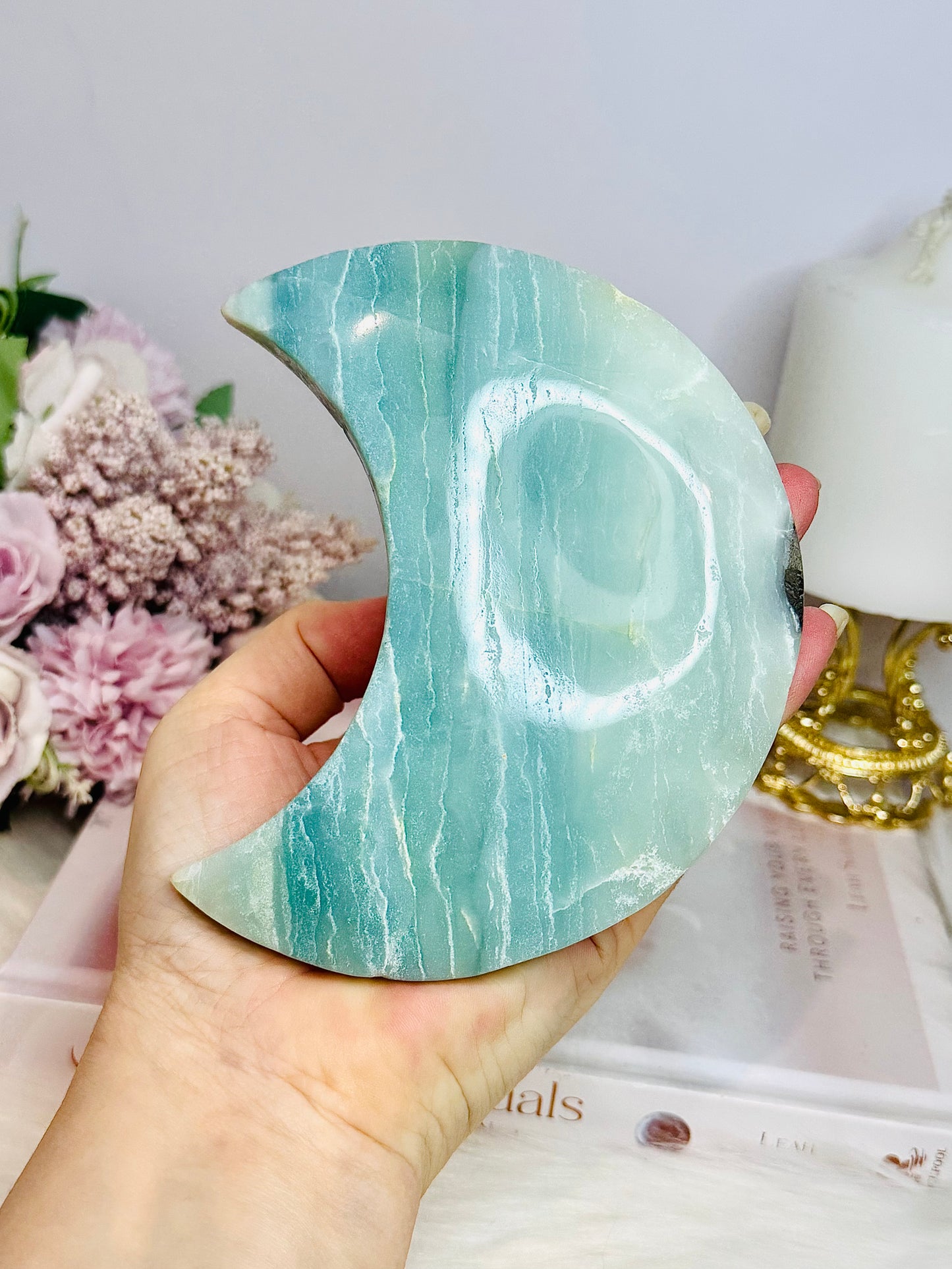 Large Sky Blue Quartz Carved Chunky Moon On Stand 25cm 502g