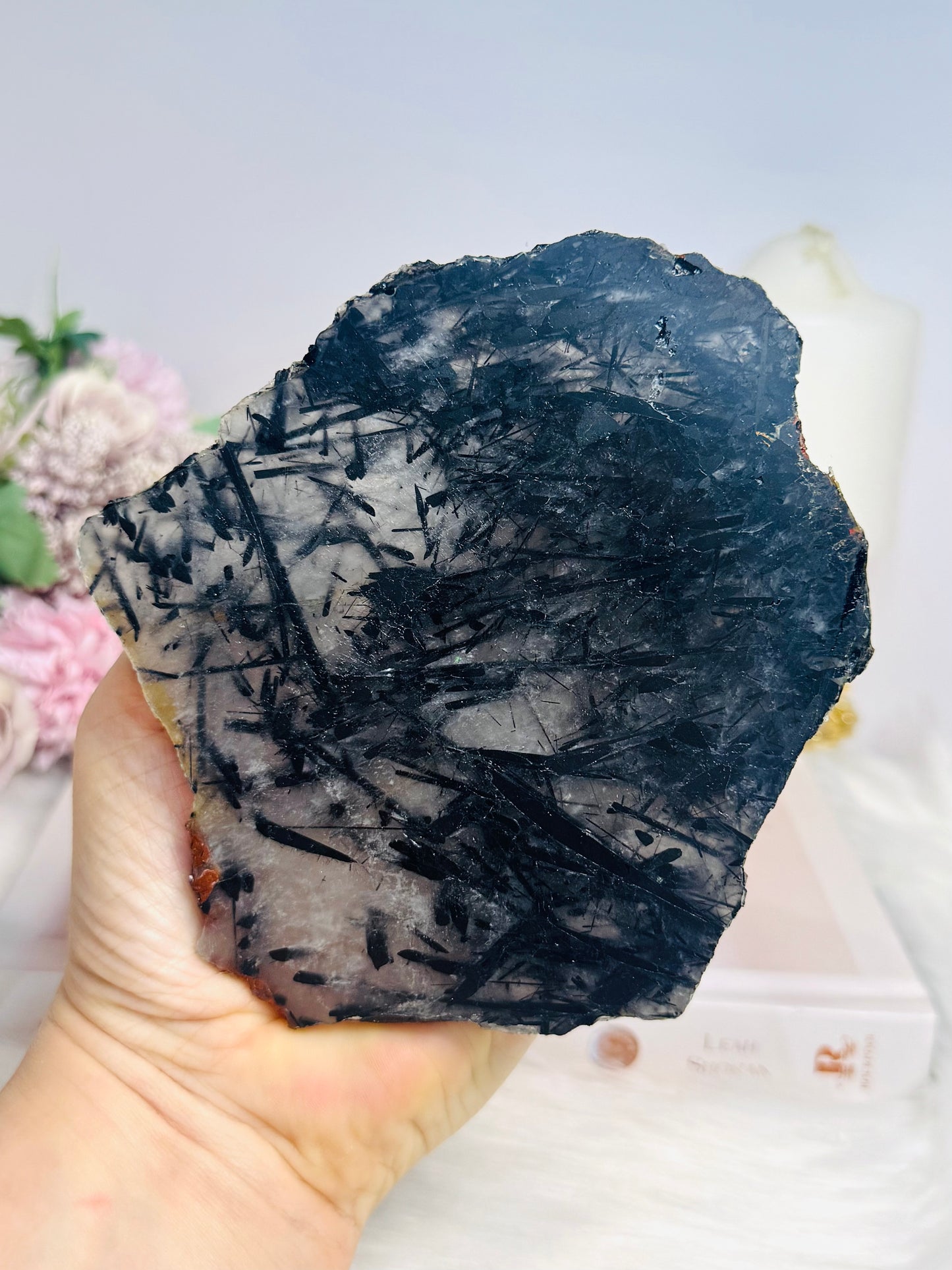 Black Tourmaline in Quartz Slab on Stand 13cm
