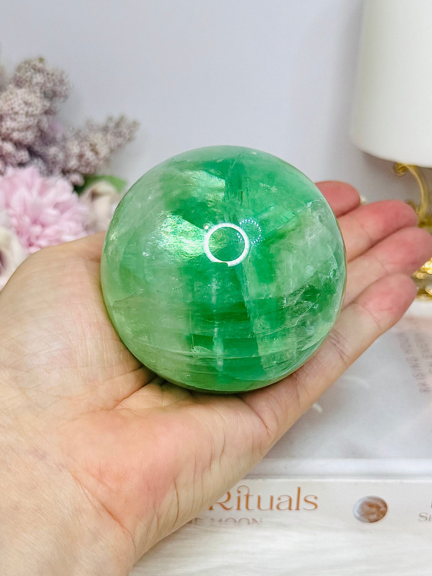 Large Green Fluorite Sphere Full of Rainbows 557g