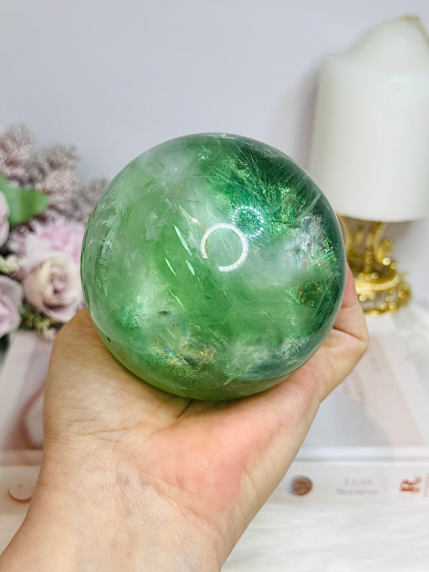 Large Green Fluorite Sphere Full of Rainbows 923g