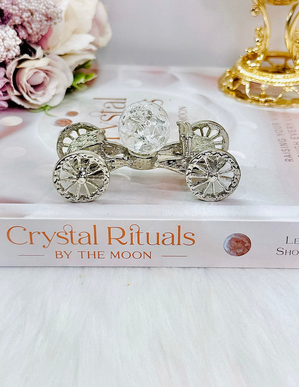 Beautiful Silver Vintage Car with Turning Wheels with Cracked Clear Quartz Sphere