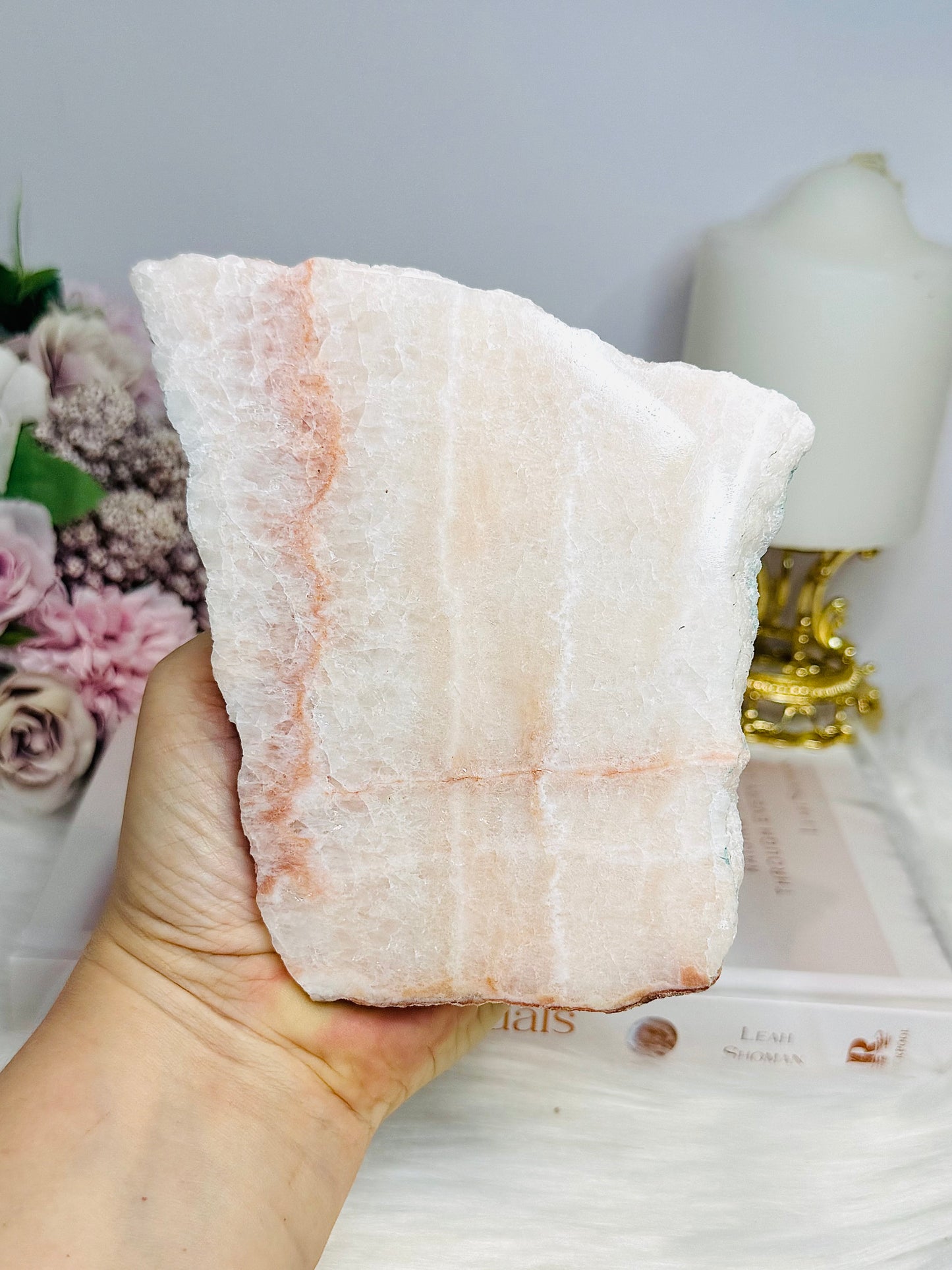 Mexican Pink Calcite Natural Slab 13cm on Stand