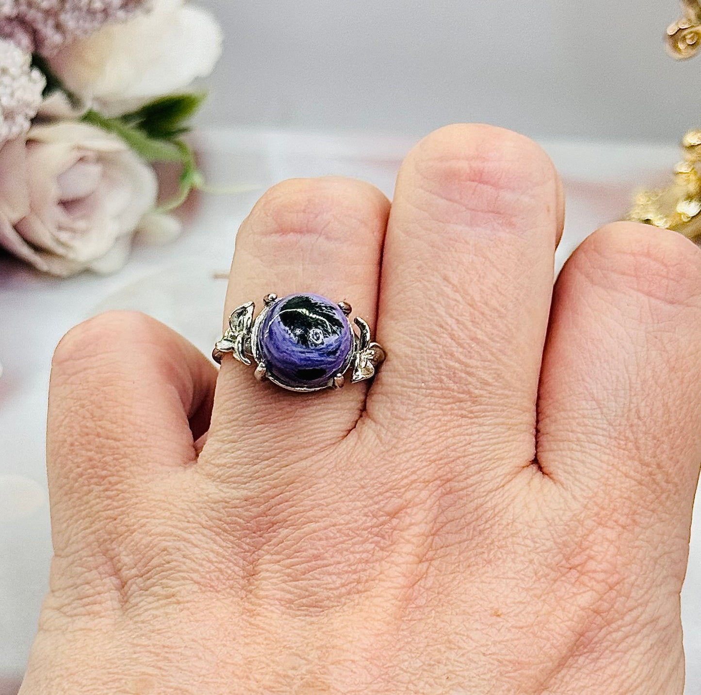 Beautiful Charoite Adjustable Ring In Gift Bag