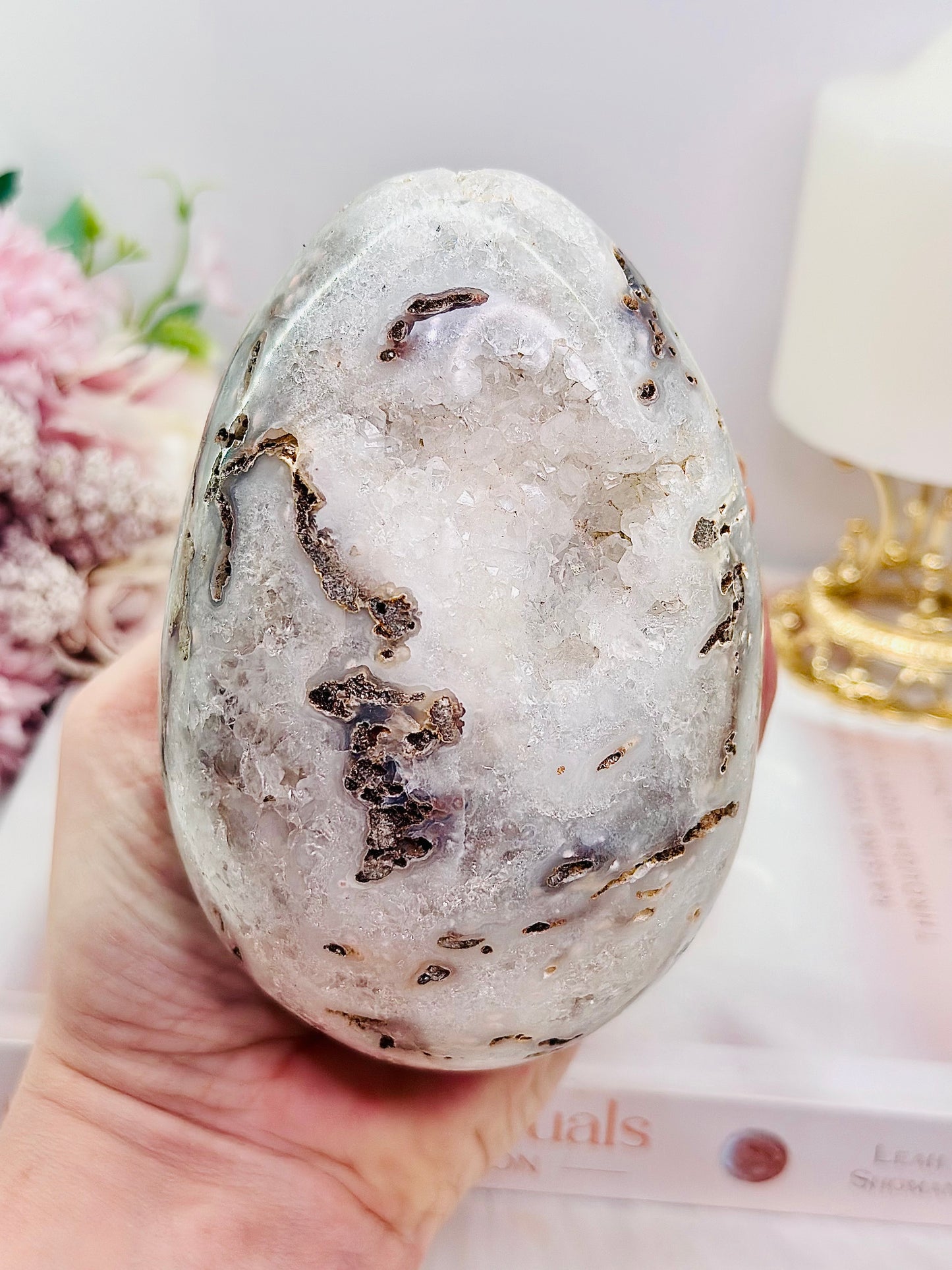 Large 15cm 1.07KG Incredible Druzy Agate Egg On Stand