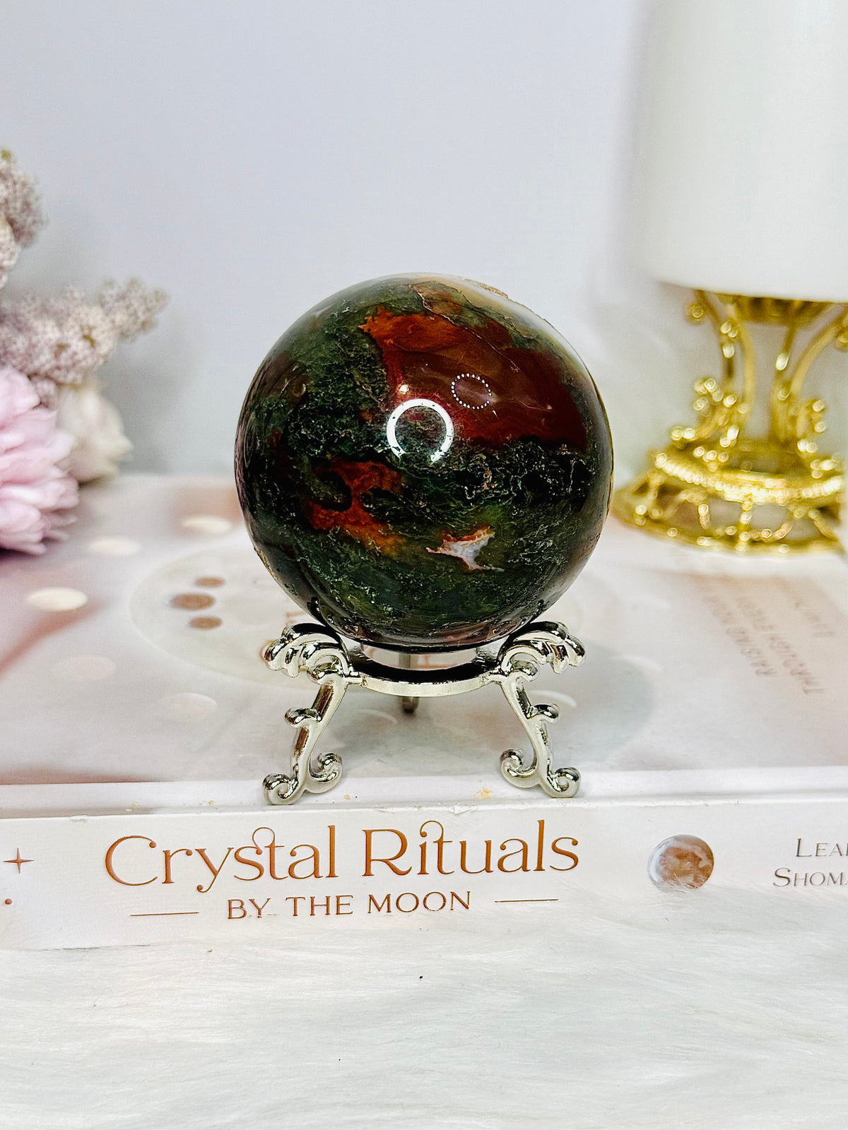 Druzy Red Moss Agate Sphere on Stand 303g