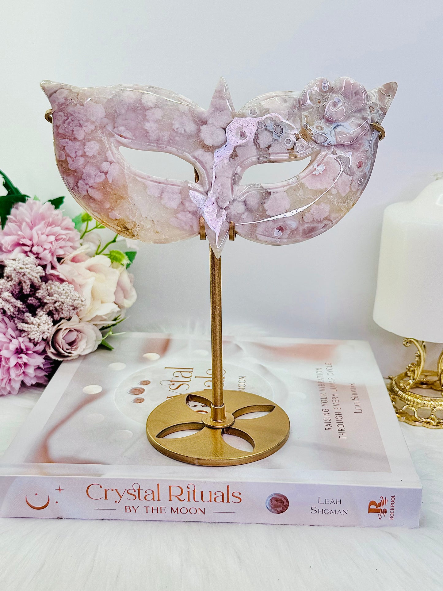 Classy & Fabulous ~ Exquisite Large 19cm (On Stand) Stunning Pink Flower Agate Perfectly Carved Mask On Gold Stand