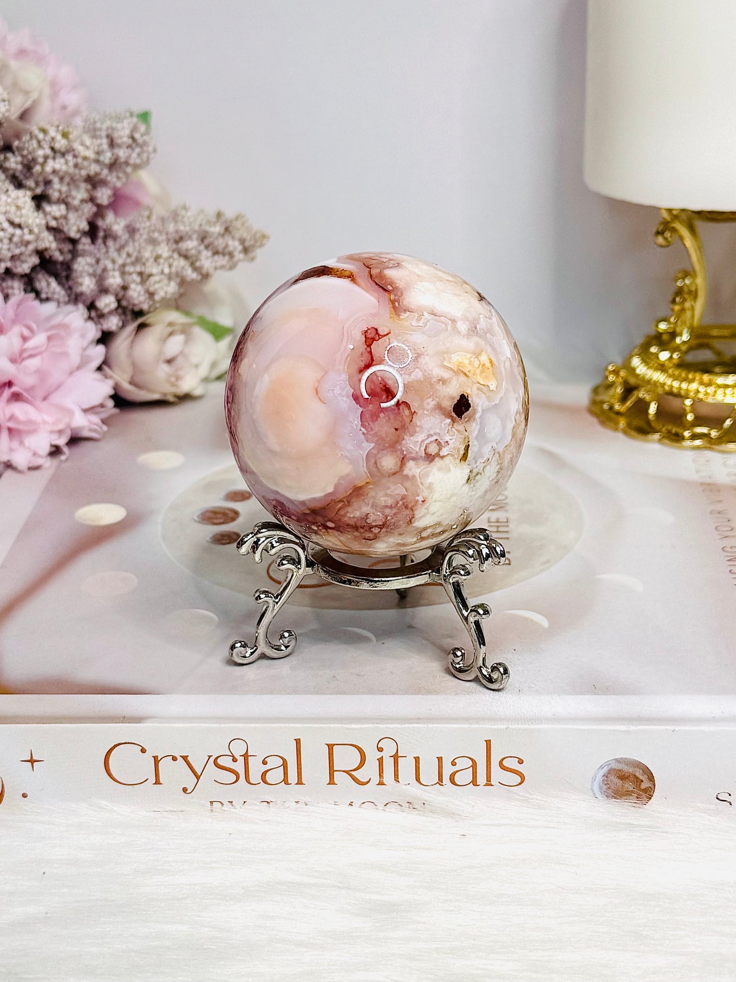 High Grade Flower Carnelian Sphere on Stand 246g
