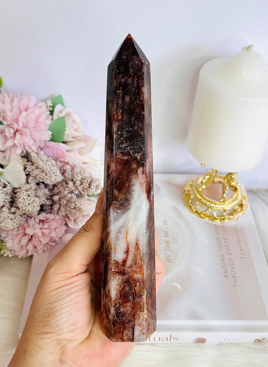 Gorgeous Tall 19cm Red Fire Quartz Tower with Hematite Inclusions