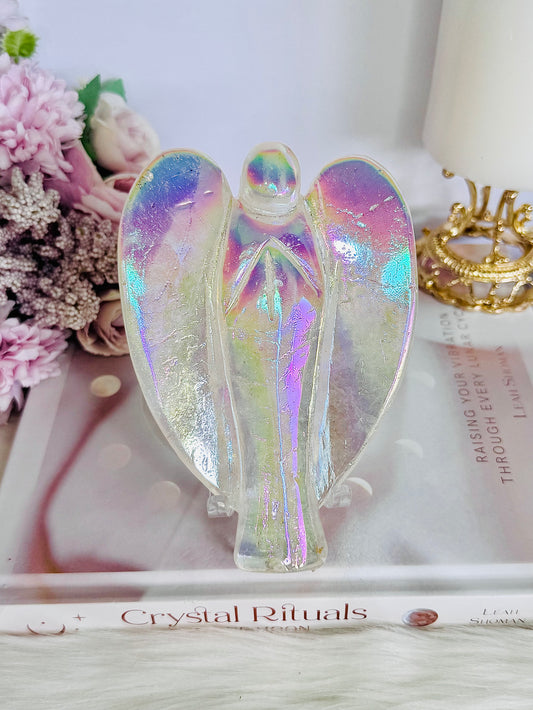 Beautiful 13cm Angel Aura Carved Clear Quartz Angel On Stand