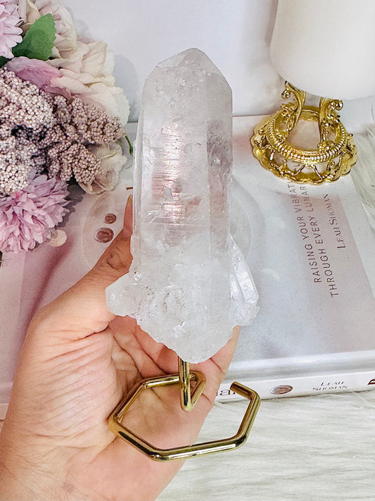 Large Clear Lemurian Quartz Natural Point on Gold Stand 14cm